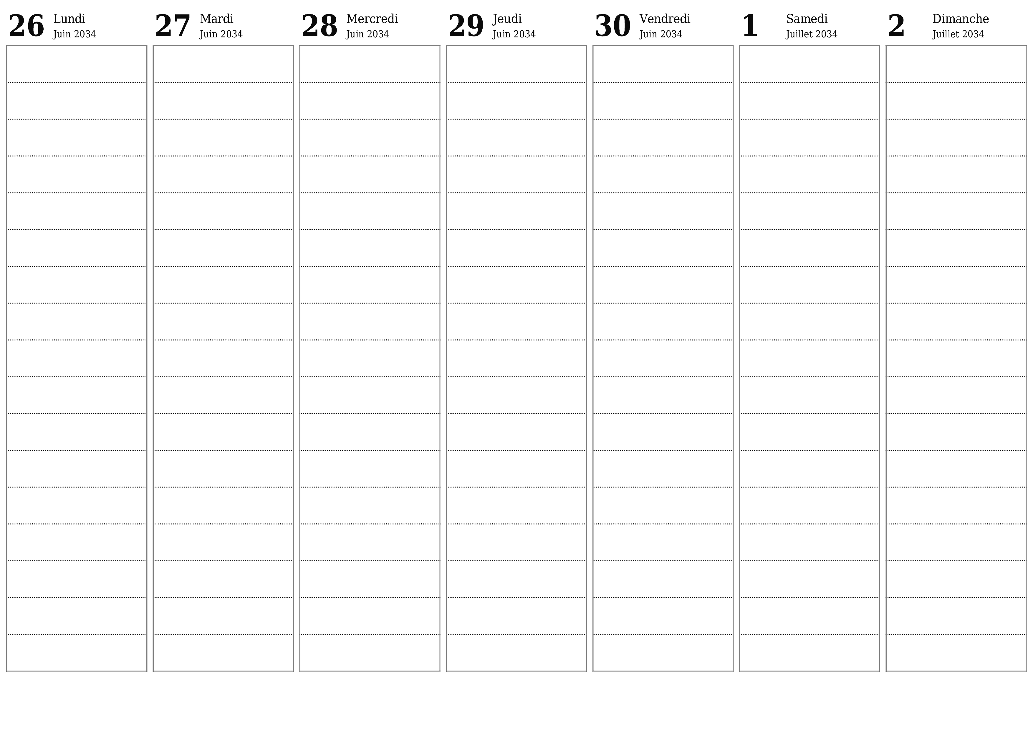  imprimable mural modèle de gratuithorizontal Hebdomadaire planificateur calendrier Juillet (Jul) 2034
