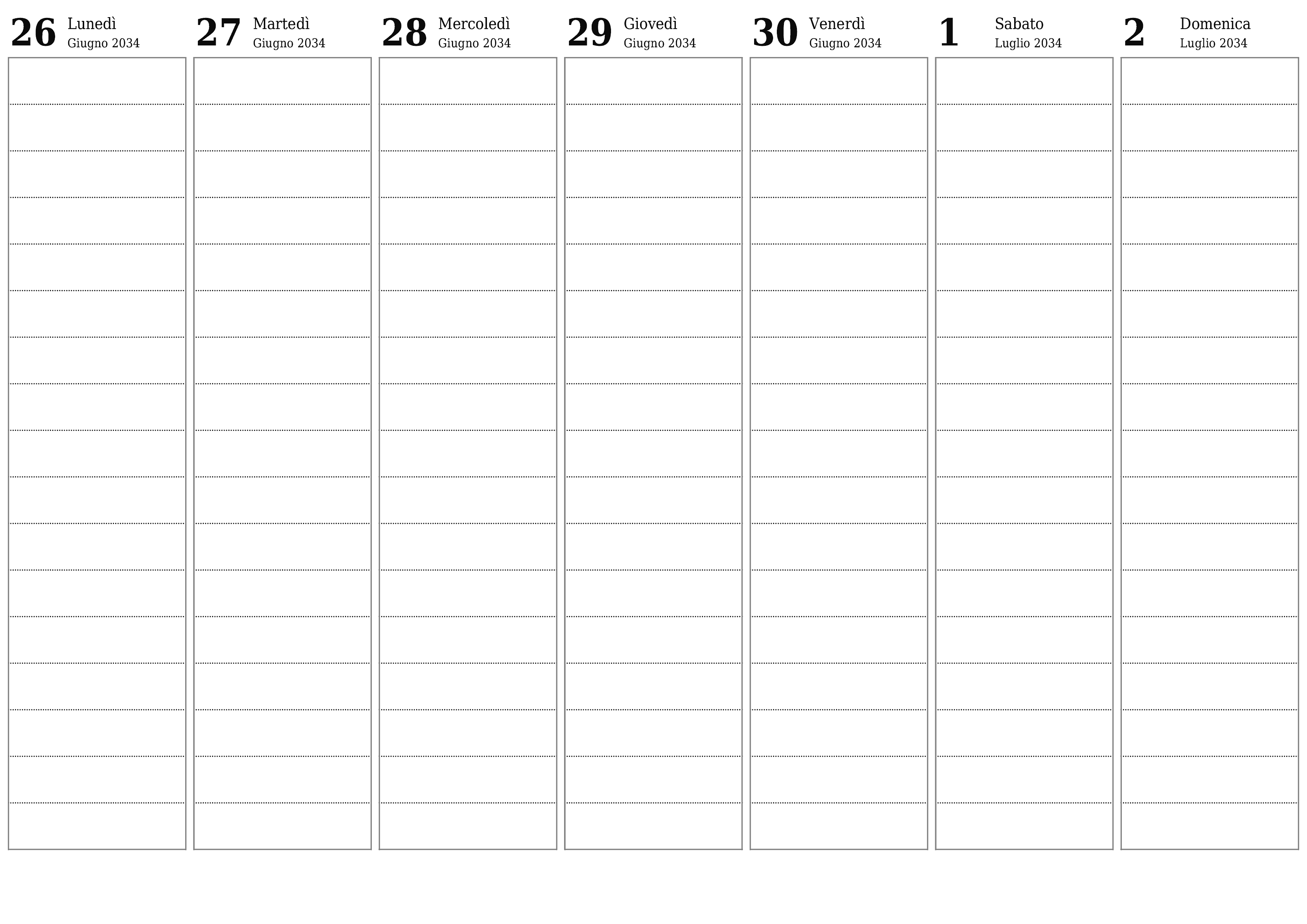 Agenda settimanale vuota per settimane Luglio 2034 con note, salva e stampa in PDF PNG Italian