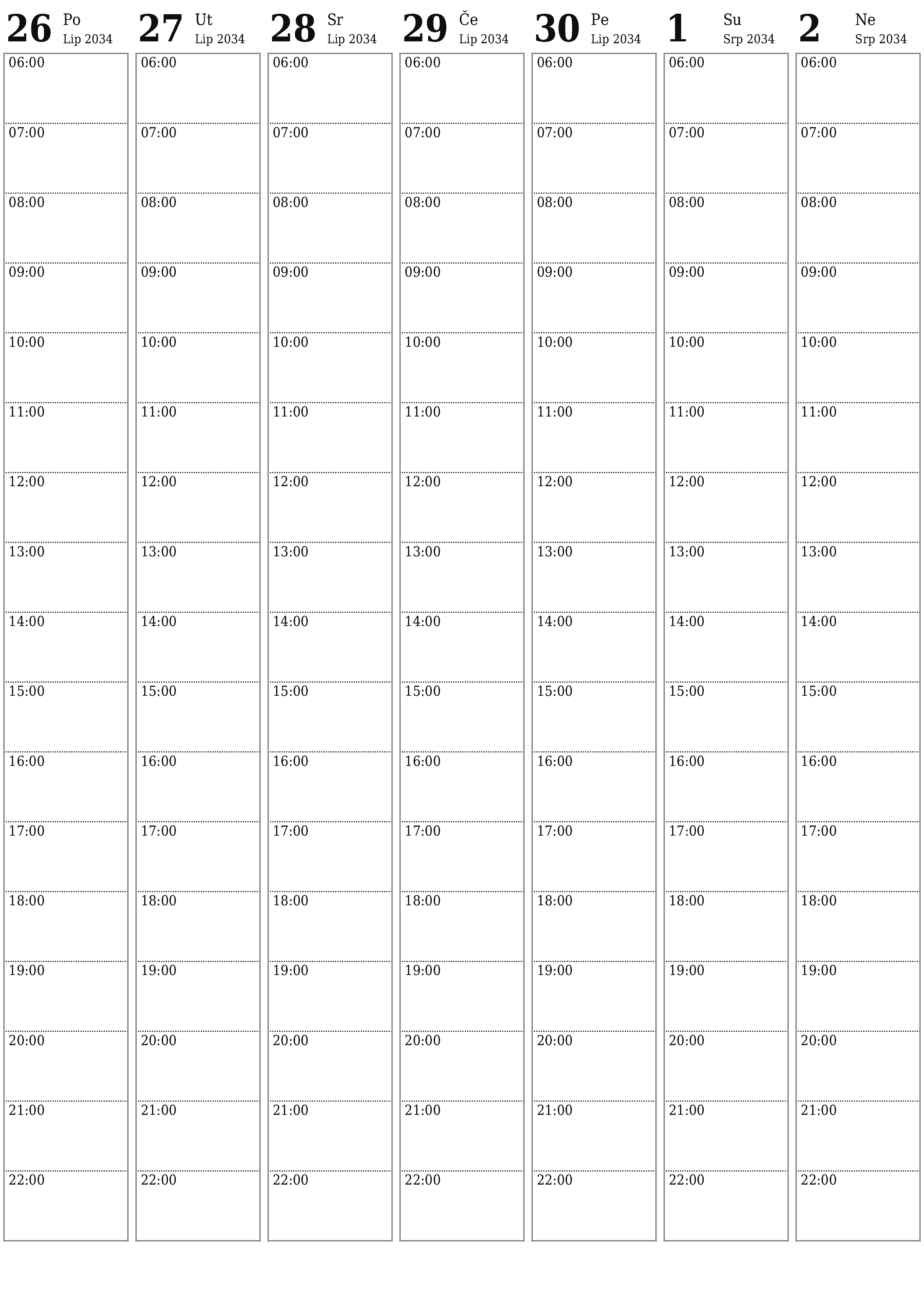 Ispraznite tjedni planer za tjedne Srpanj 2034 s bilješkama, spremite i ispišite u PDF PNG Croatian