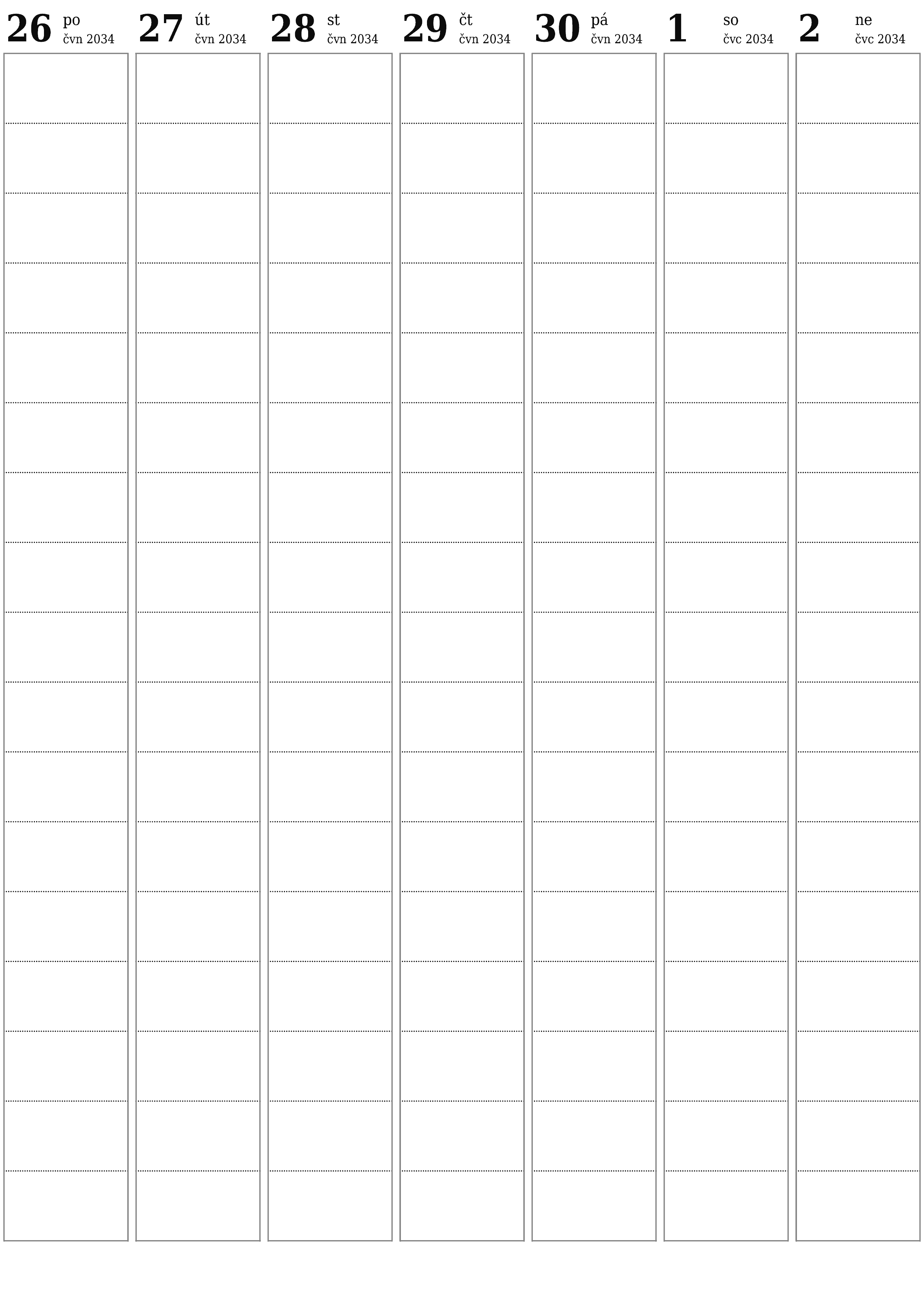 Prázdný týdenní plánovač na týdny červenec 2034 s poznámkami, uložením a tiskem do PDF PNG Czech
