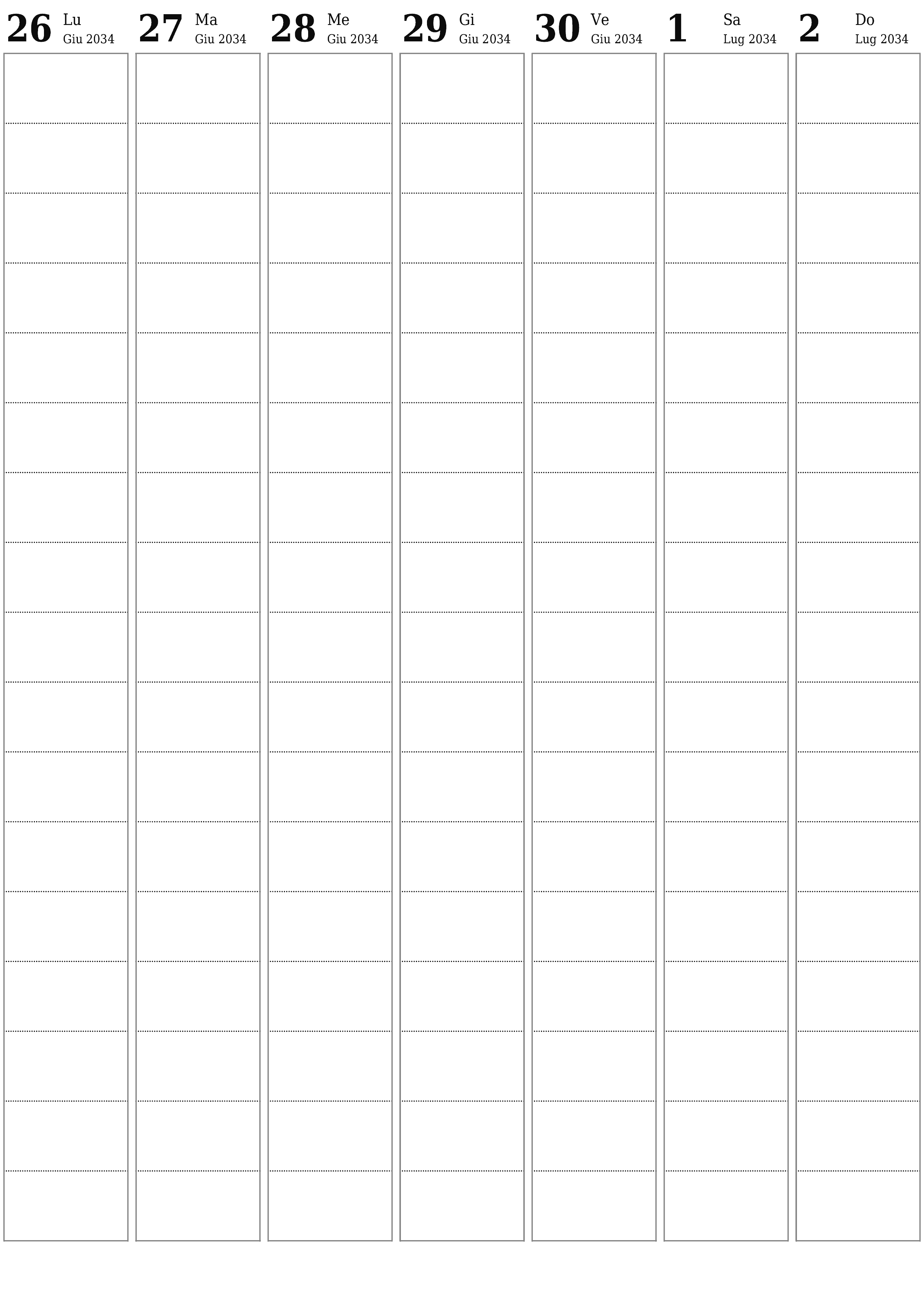 Agenda settimanale vuota per settimane Luglio 2034 con note, salva e stampa in PDF PNG Italian