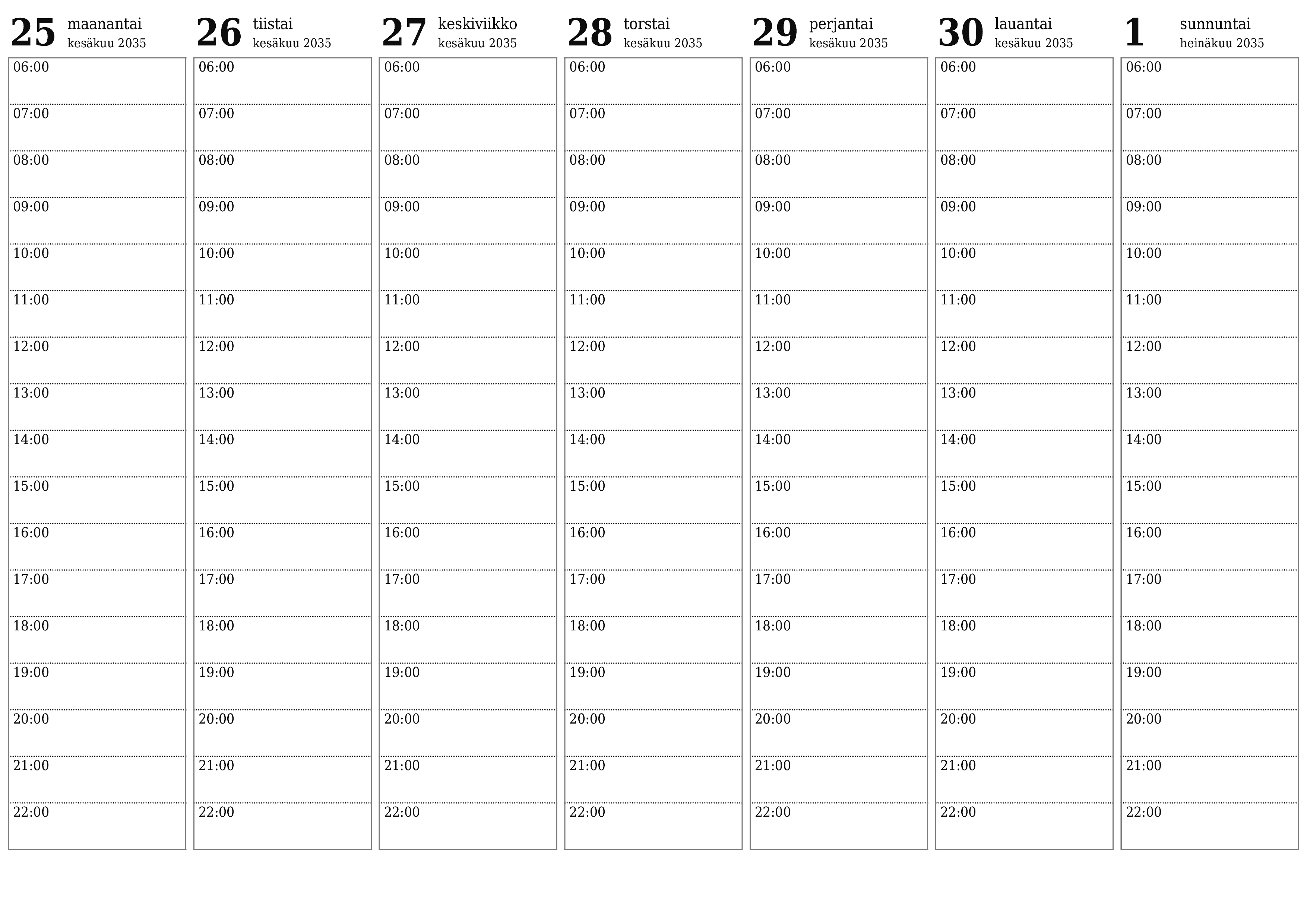 Tyhjennä viikkosuunnittelija viikkojen ajan Heinäkuu 2035 muistiinpanoilla, tallenna ja tulosta PDF-muotoon PNG Finnish