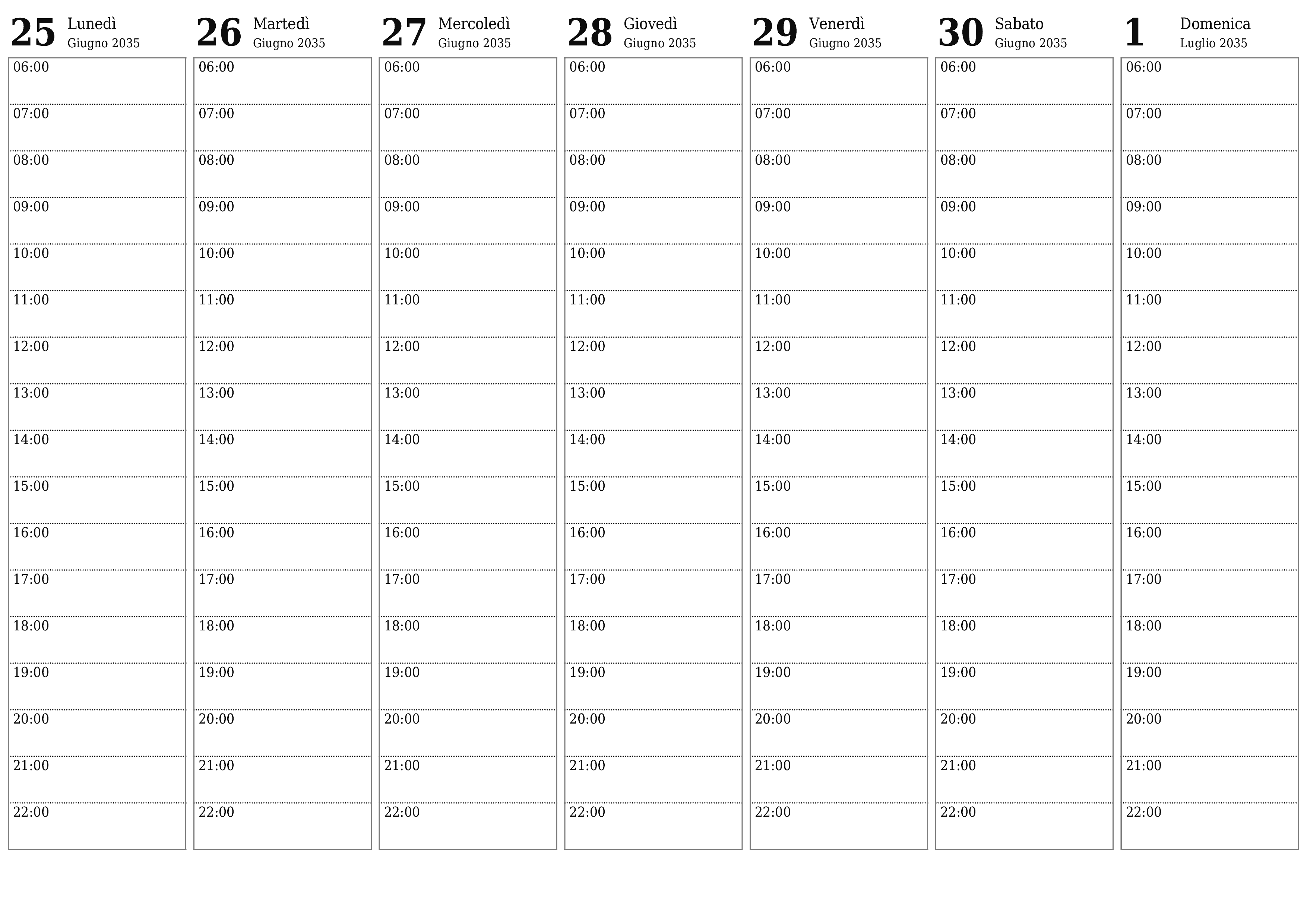 Agenda settimanale vuota per settimane Luglio 2035 con note, salva e stampa in PDF PNG Italian