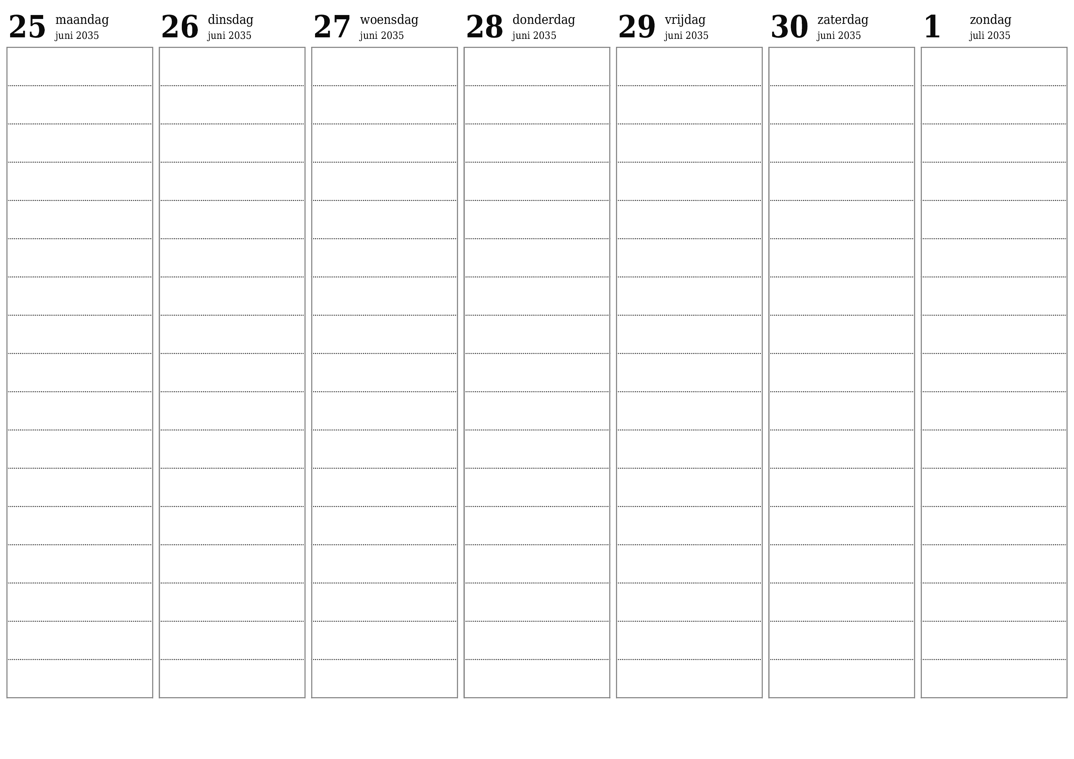 Lege weekplanner voor weken juli 2035 met notities, opslaan en afdrukken naar pdf PNG Dutch