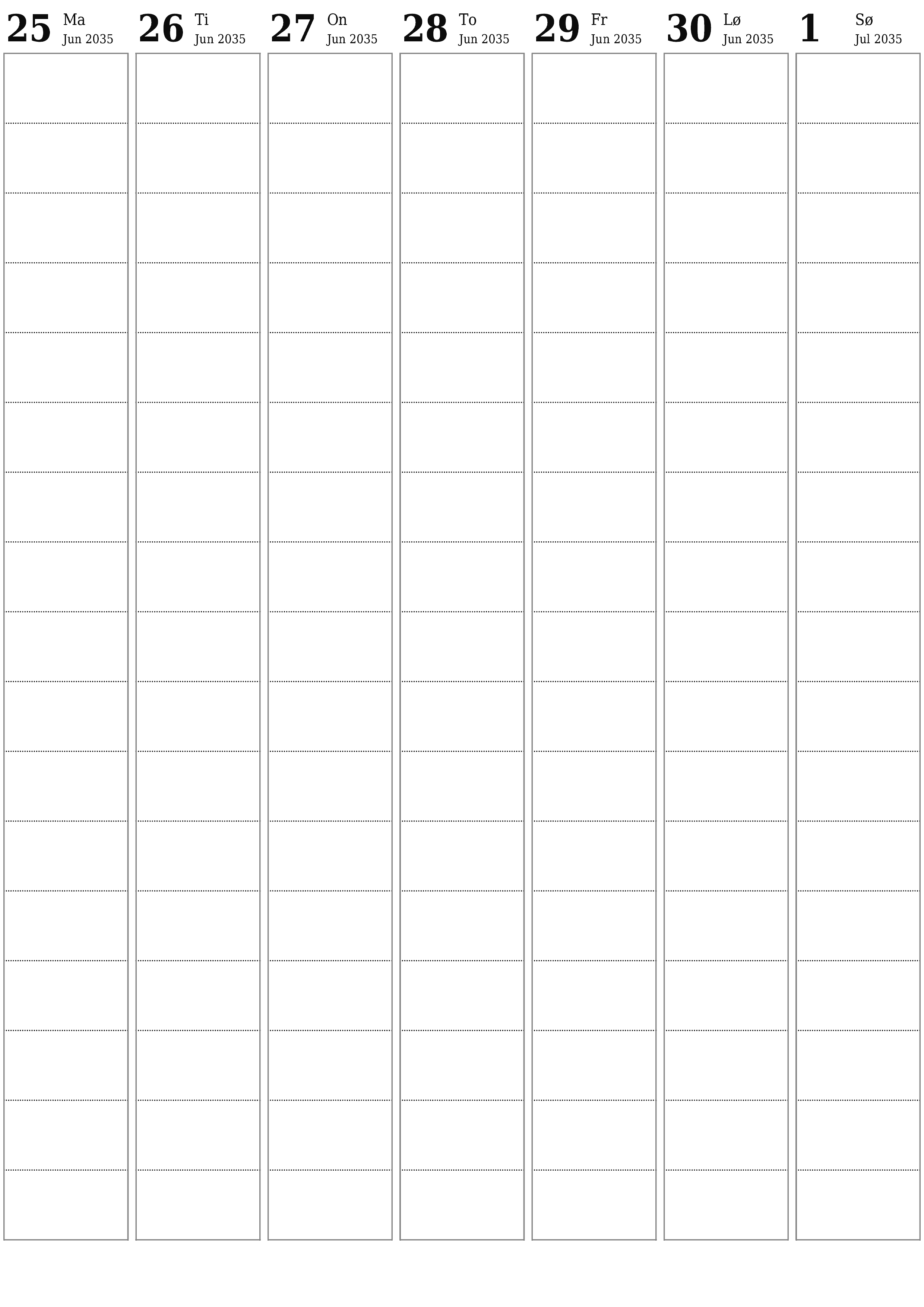 utskrivbar vegg mal gratis vertikal Ukentlig planlegger kalender Juli (Jul) 2035