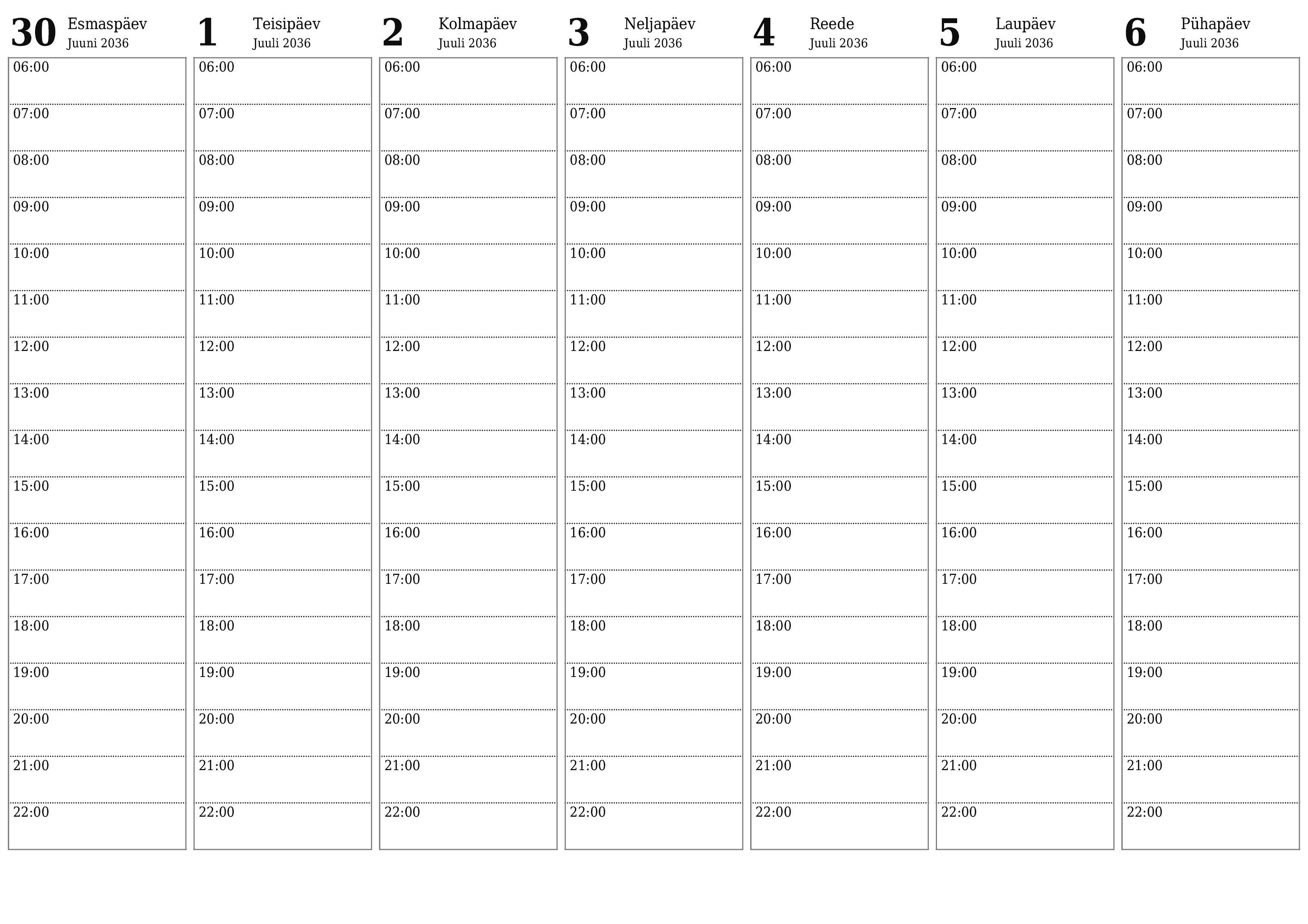 Tühjendage nädala planeerija nädalaid Juuli 2036 märkmetega, salvestage ja printige PDF-i PNG Estonian