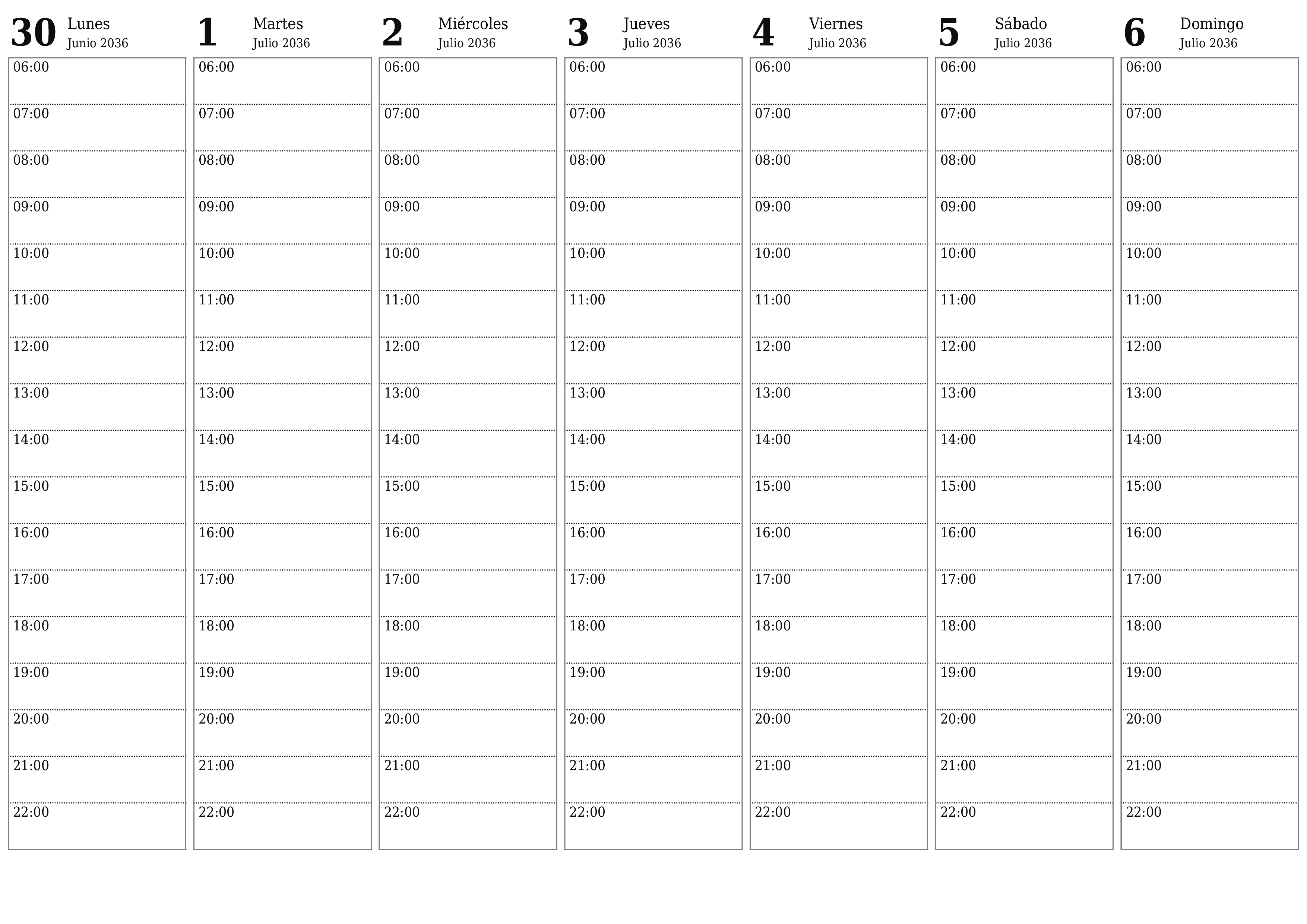Planificador semanal vacío para semanas Julio 2036 con notas, guardar e imprimir en PDF PNG Spanish