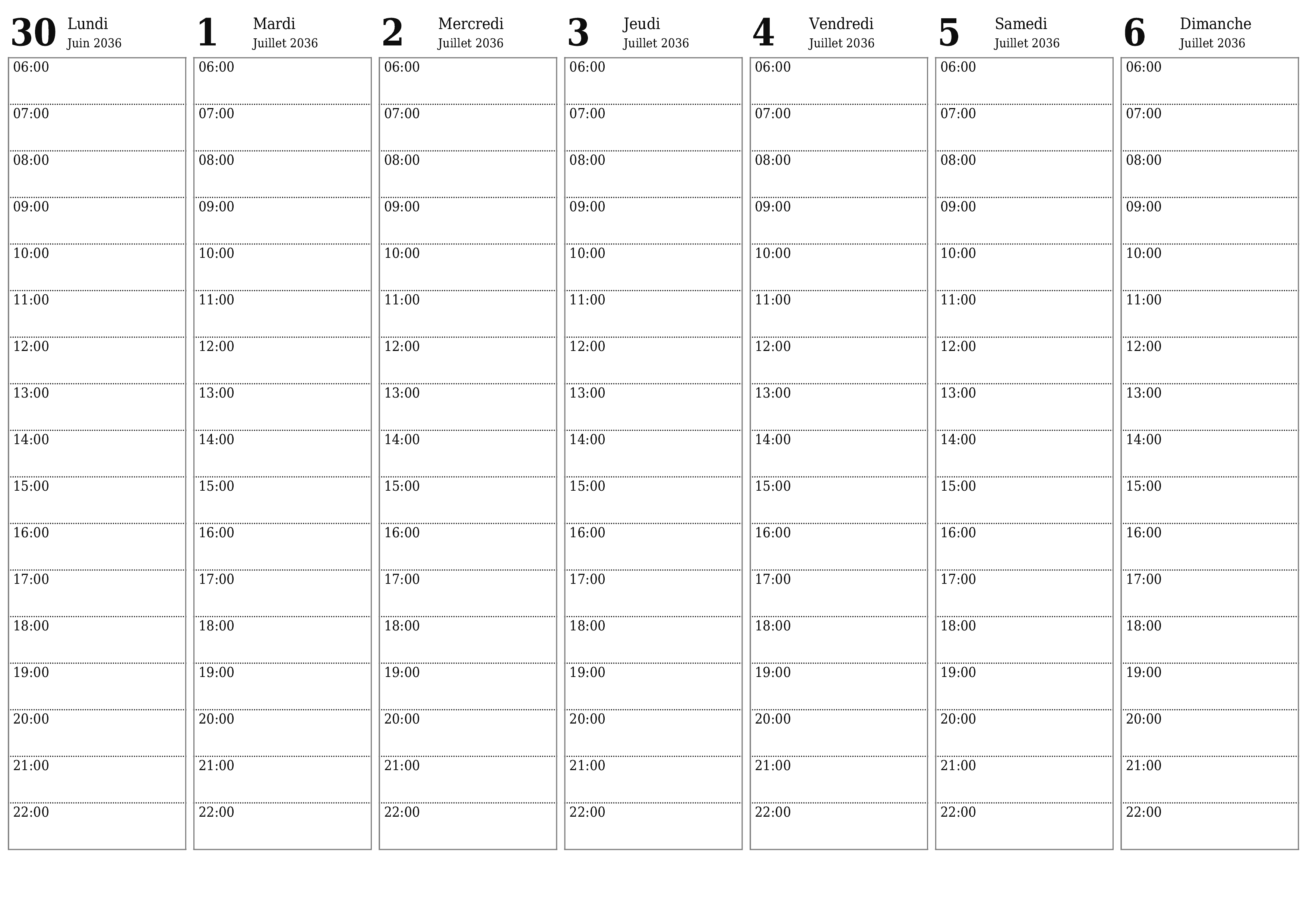 Agenda hebdomadaire vide pendant des semaines Juillet 2036 avec notes, enregistrez et imprimez au format PDF PNG French