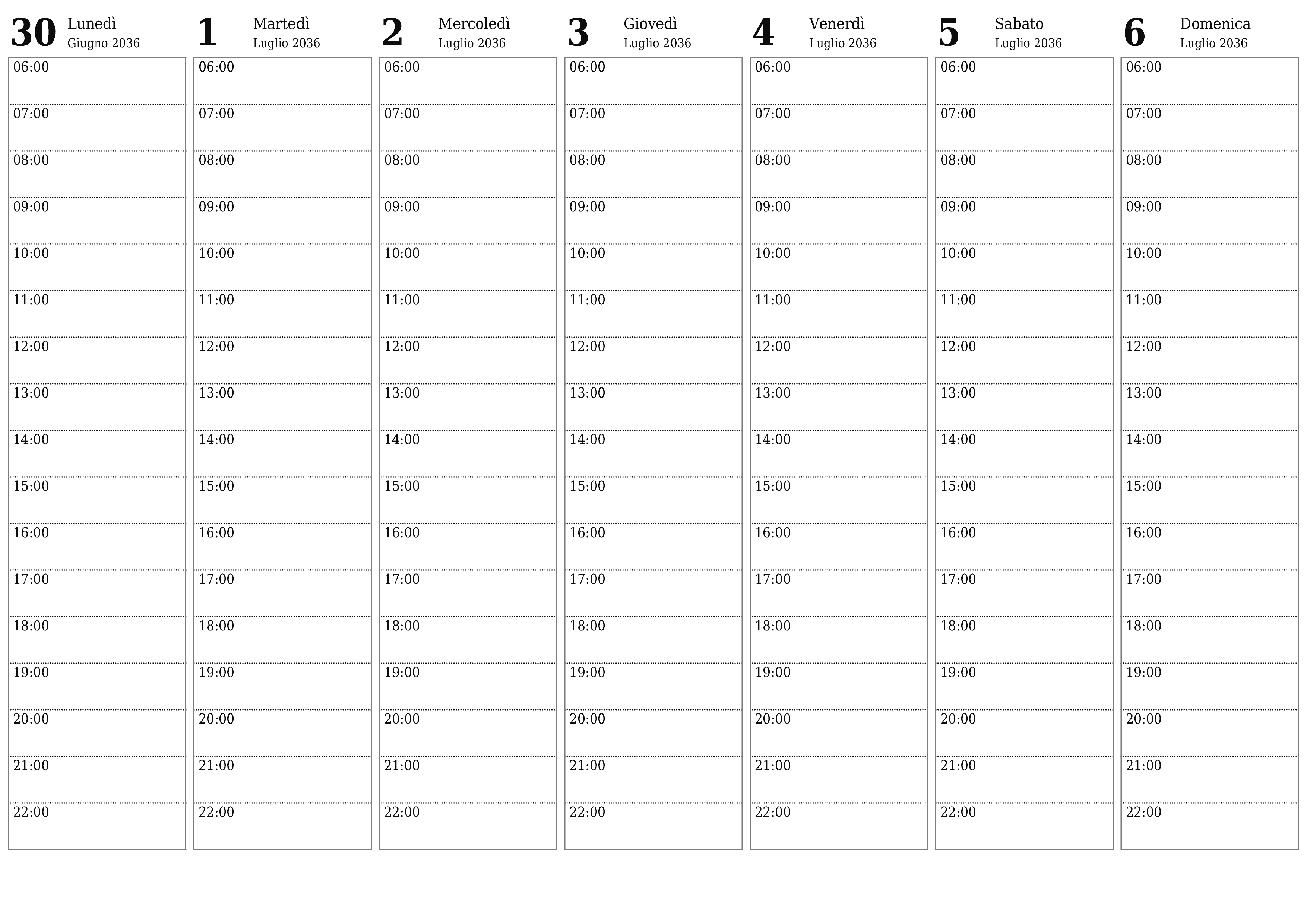 Agenda settimanale vuota per settimane Luglio 2036 con note, salva e stampa in PDF PNG Italian