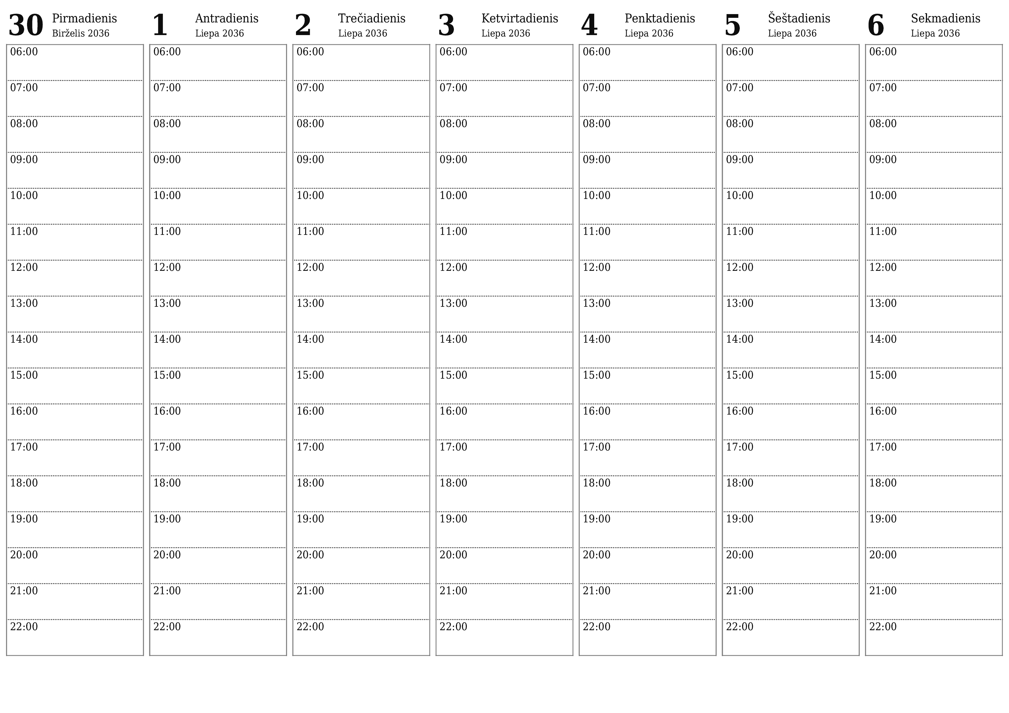 Ištuštinti savaitės planavimo priemonę savaitėms Liepa 2036 su užrašais, išsaugoti ir atsispausdinti PDF formate PNG Lithuanian