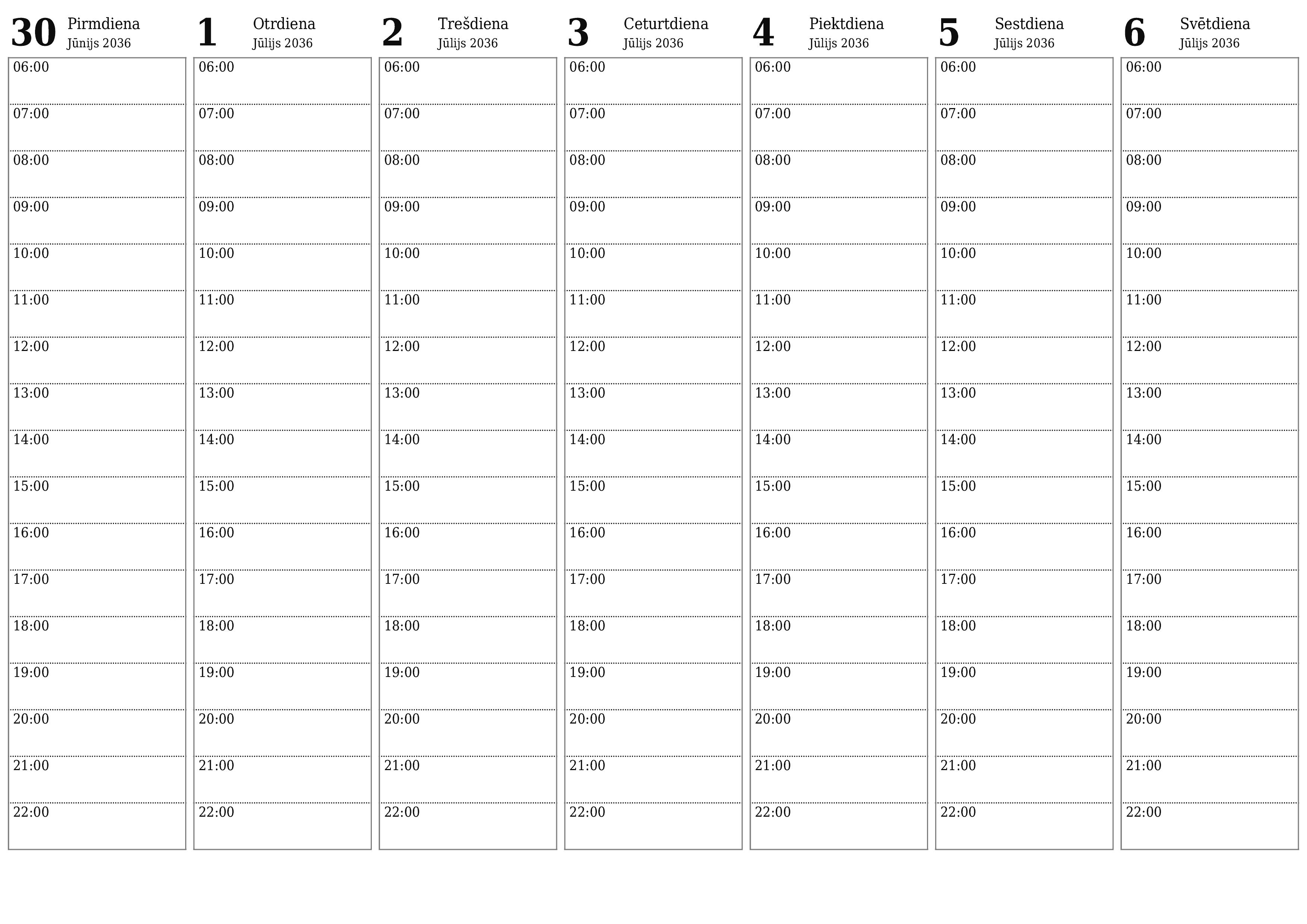 Iztukšojiet nedēļas plānotāju nedēļām Jūlijs 2036 ar piezīmēm, saglabājiet un izdrukājiet PDF formātā PNG Latvian