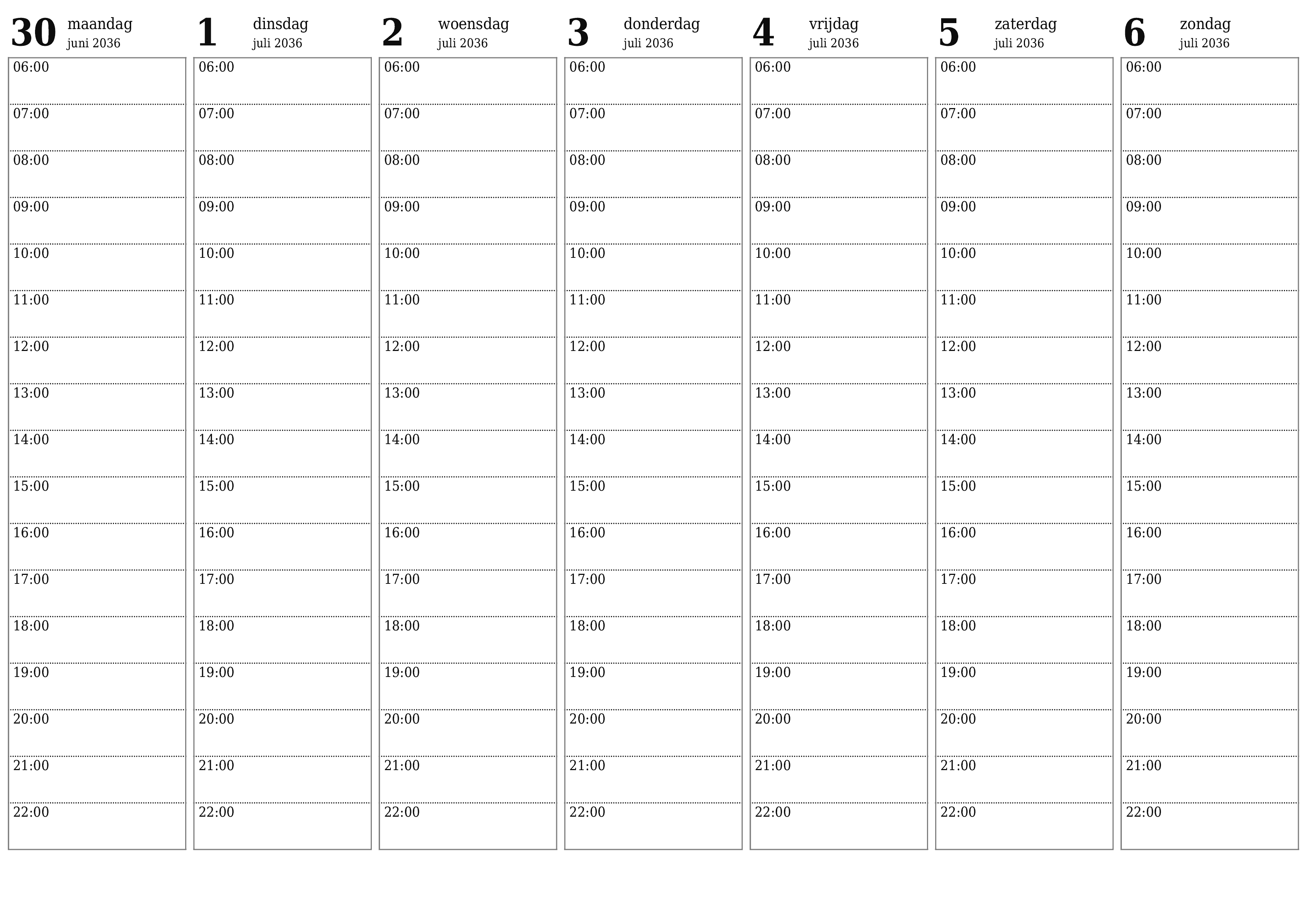 Lege weekplanner voor weken juli 2036 met notities, opslaan en afdrukken naar pdf PNG Dutch
