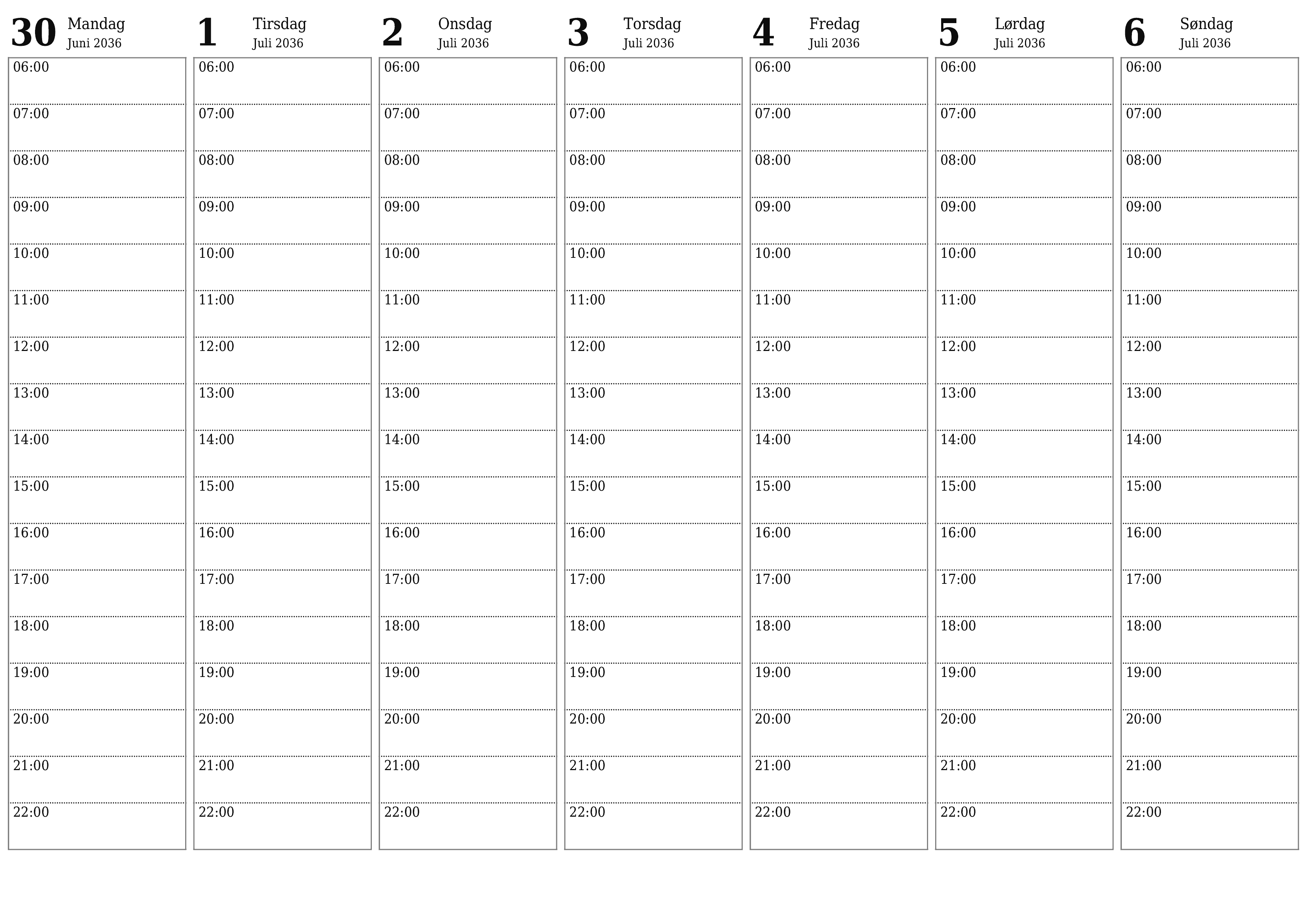 Tøm ukentlig planlegger i uker Juli 2036 med notater, lagre og skriv ut i PDF PNG Norwegian