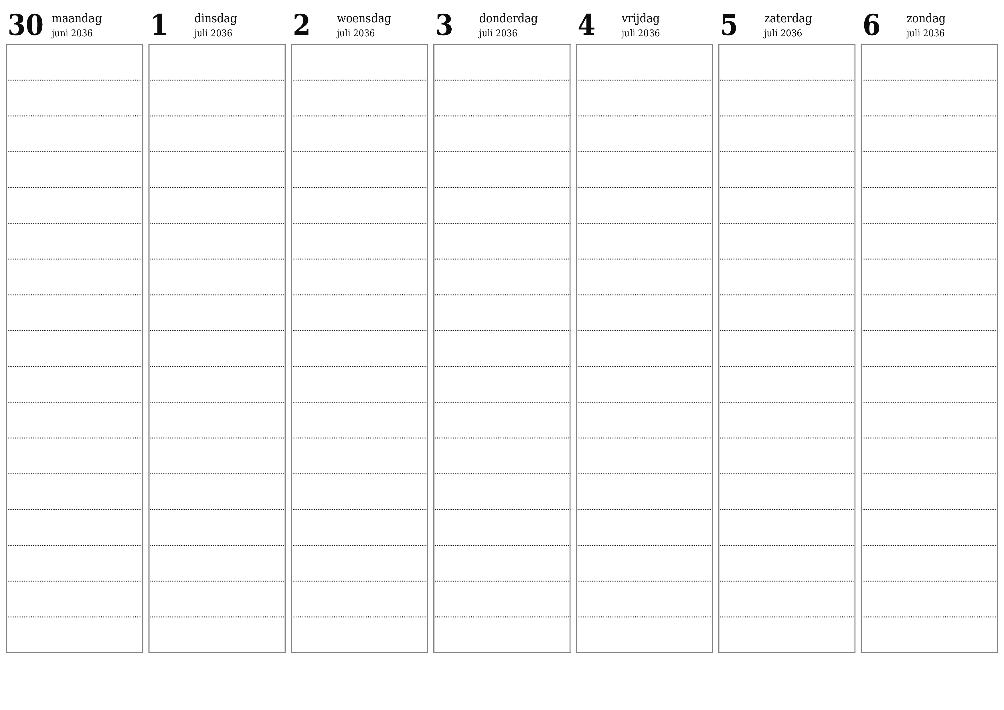 Lege weekplanner voor weken juli 2036 met notities, opslaan en afdrukken naar pdf PNG Dutch
