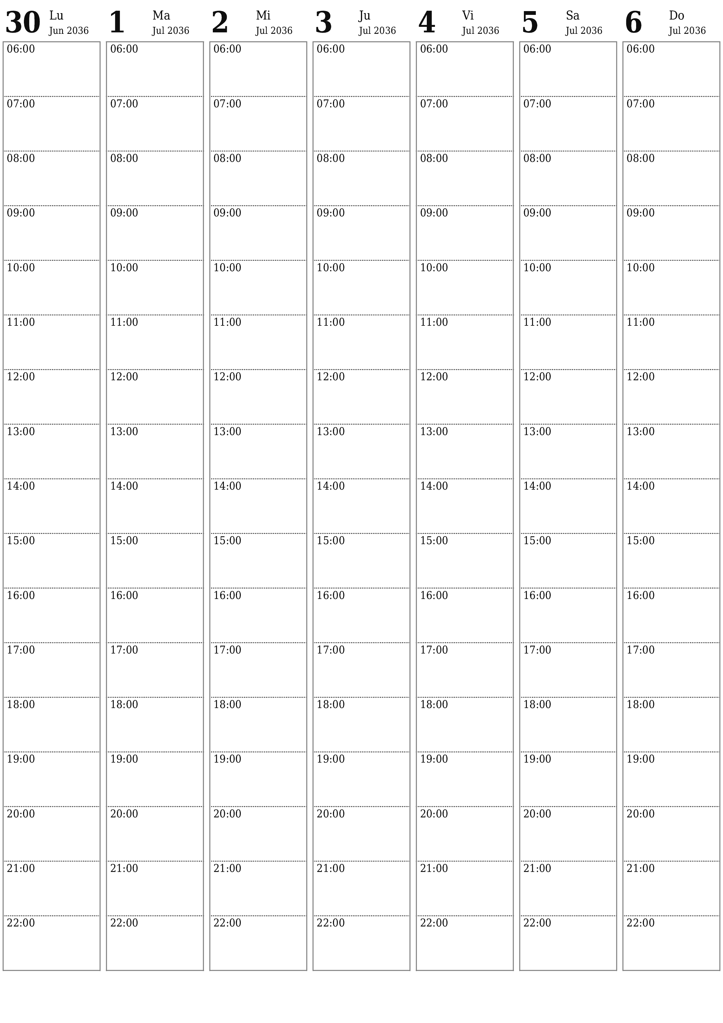  imprimible de pared plantilla de gratisvertical Semanal planificador calendario Julio (Jul) 2036