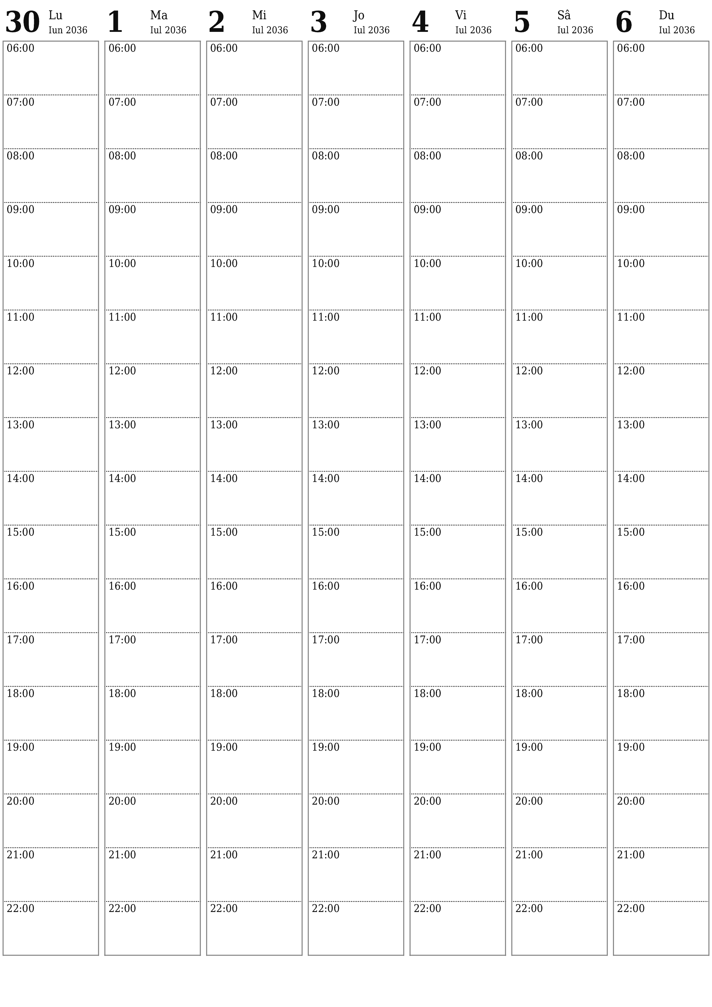  imprimabil de perete șablon de gratuitvertical Săptămânal planificator calendar Iulie (Iul) 2036