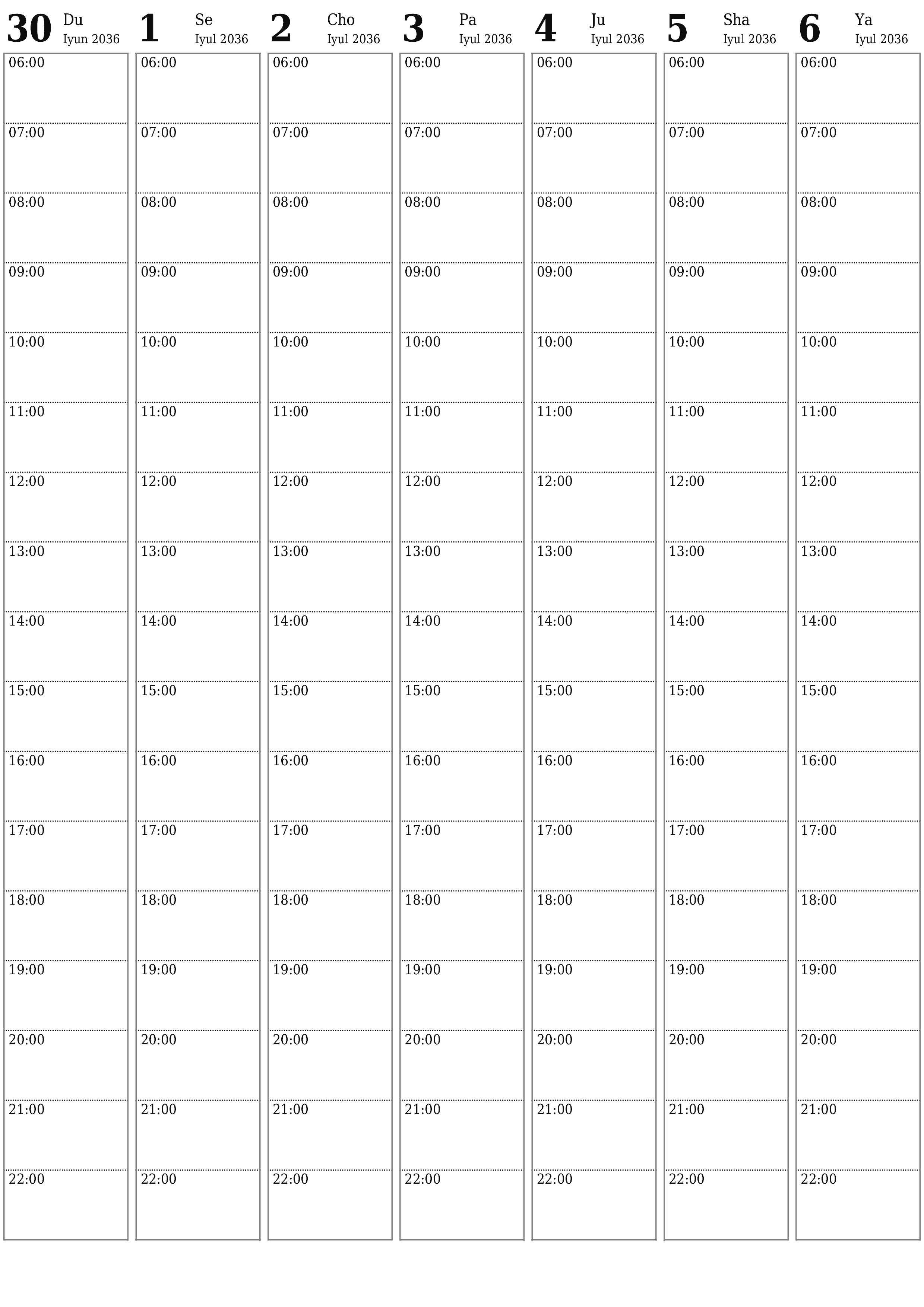 chop etiladigan devor taqvimi shabloni bepul vertikal Haftalik rejalashtiruvchi kalendar Iyul (Iyul) 2036