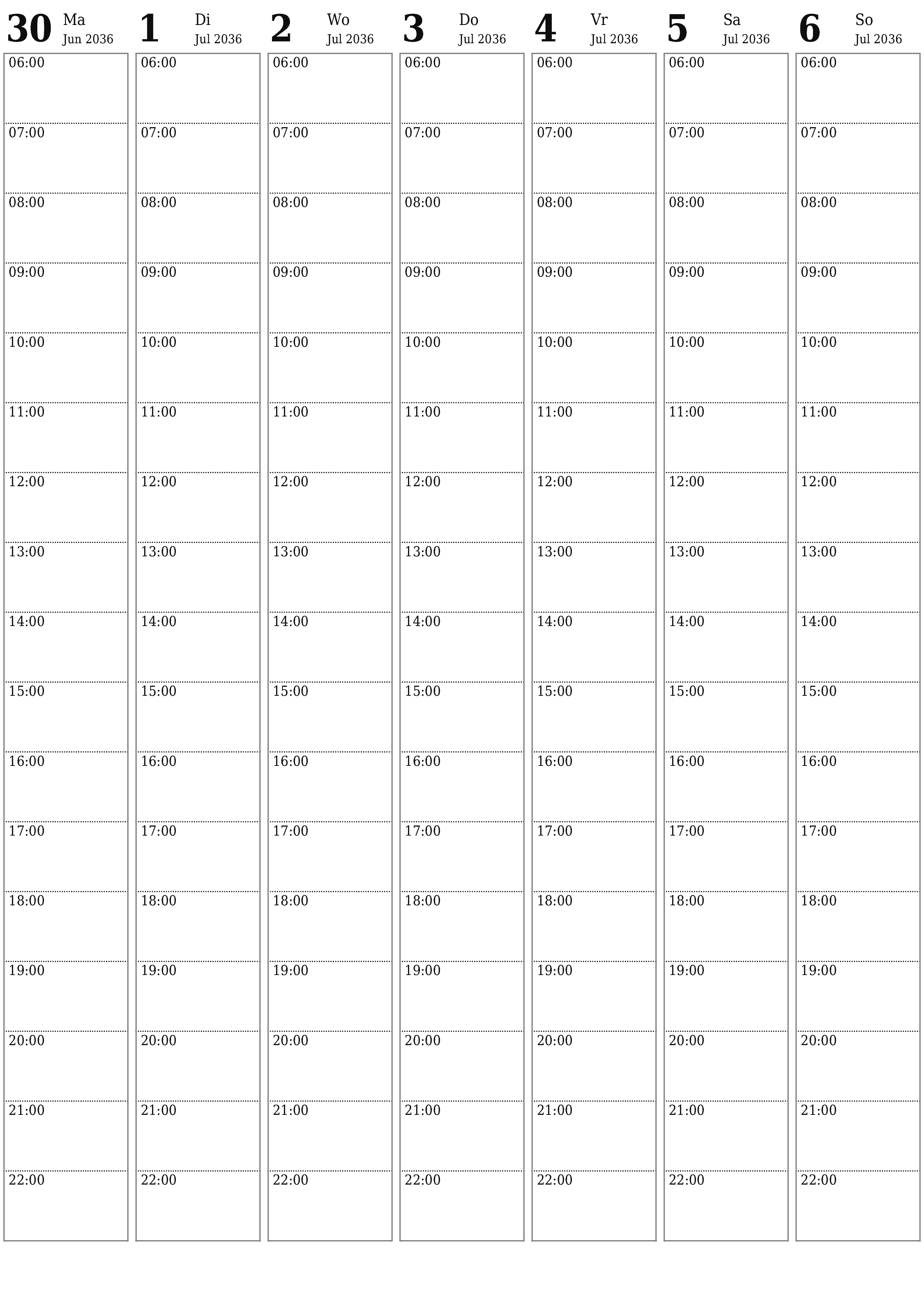 drukbare muur template gratis vertikaal Weekliks beplanner kalender Julie (Jul) 2036