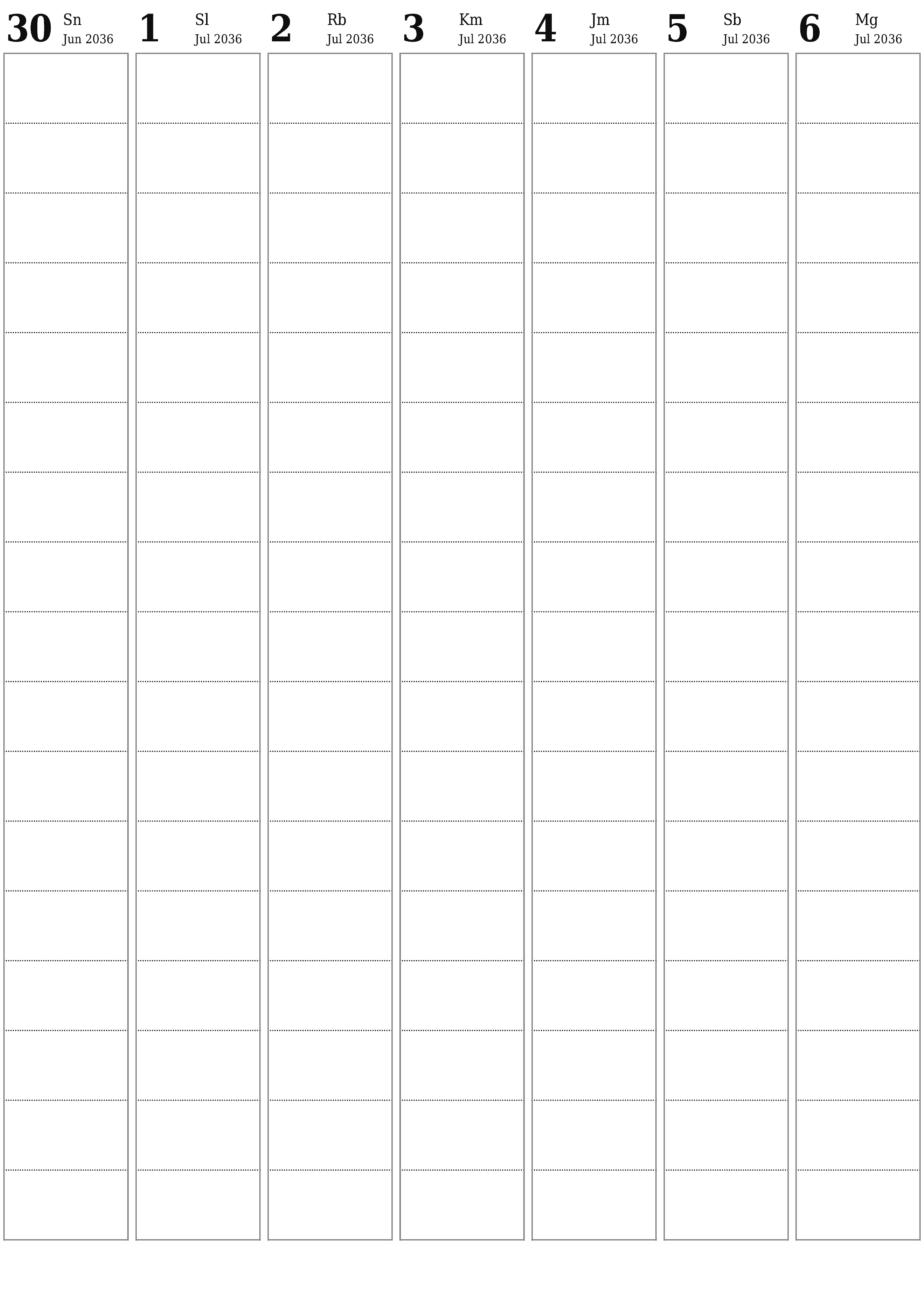  yang dapat dicetak dinding templat gratisvertikal Mingguan perencana kalender Juli (Jul) 2036