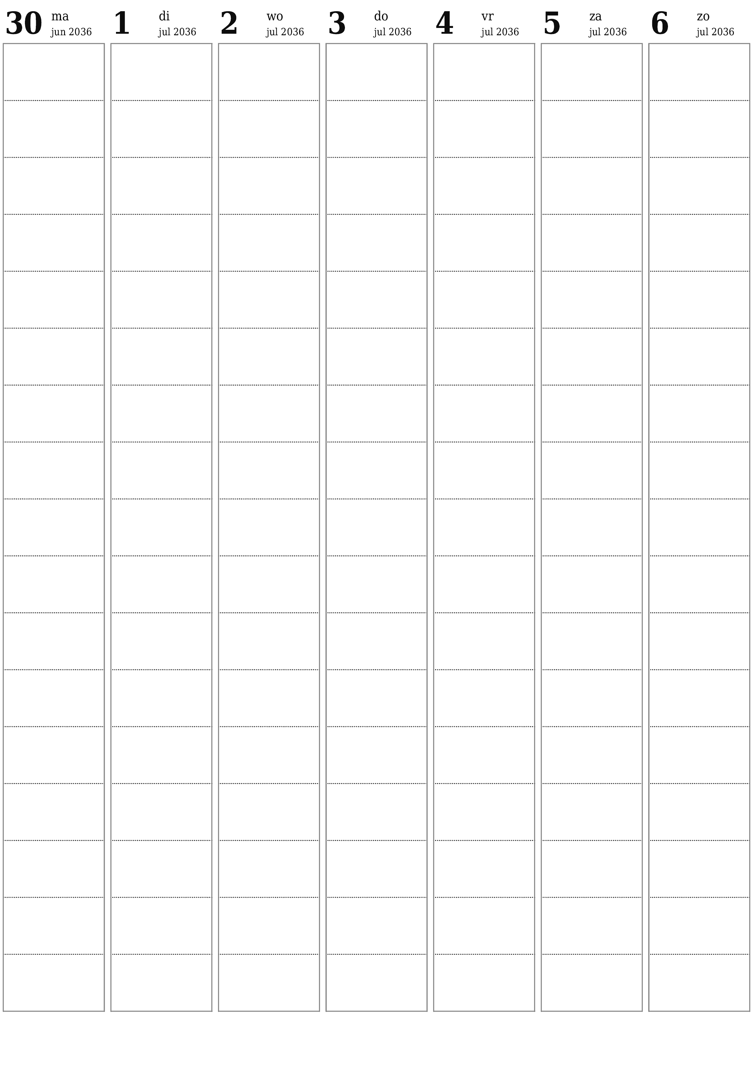 afdrukbare muur sjabloon gratis verticaal Wekelijks planner kalender juli (jul) 2036