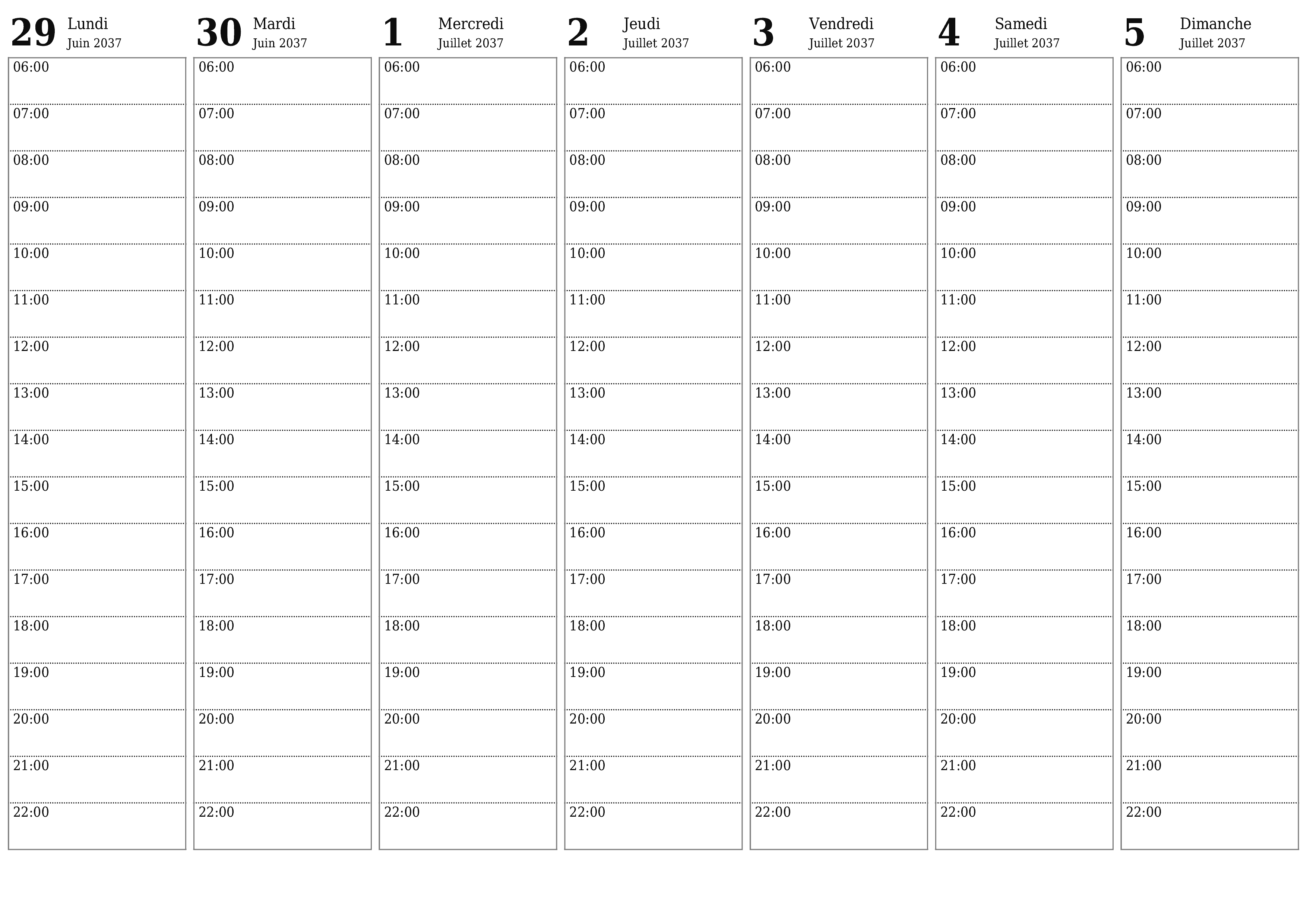 Agenda hebdomadaire vide pendant des semaines Juillet 2037 avec notes, enregistrez et imprimez au format PDF PNG French