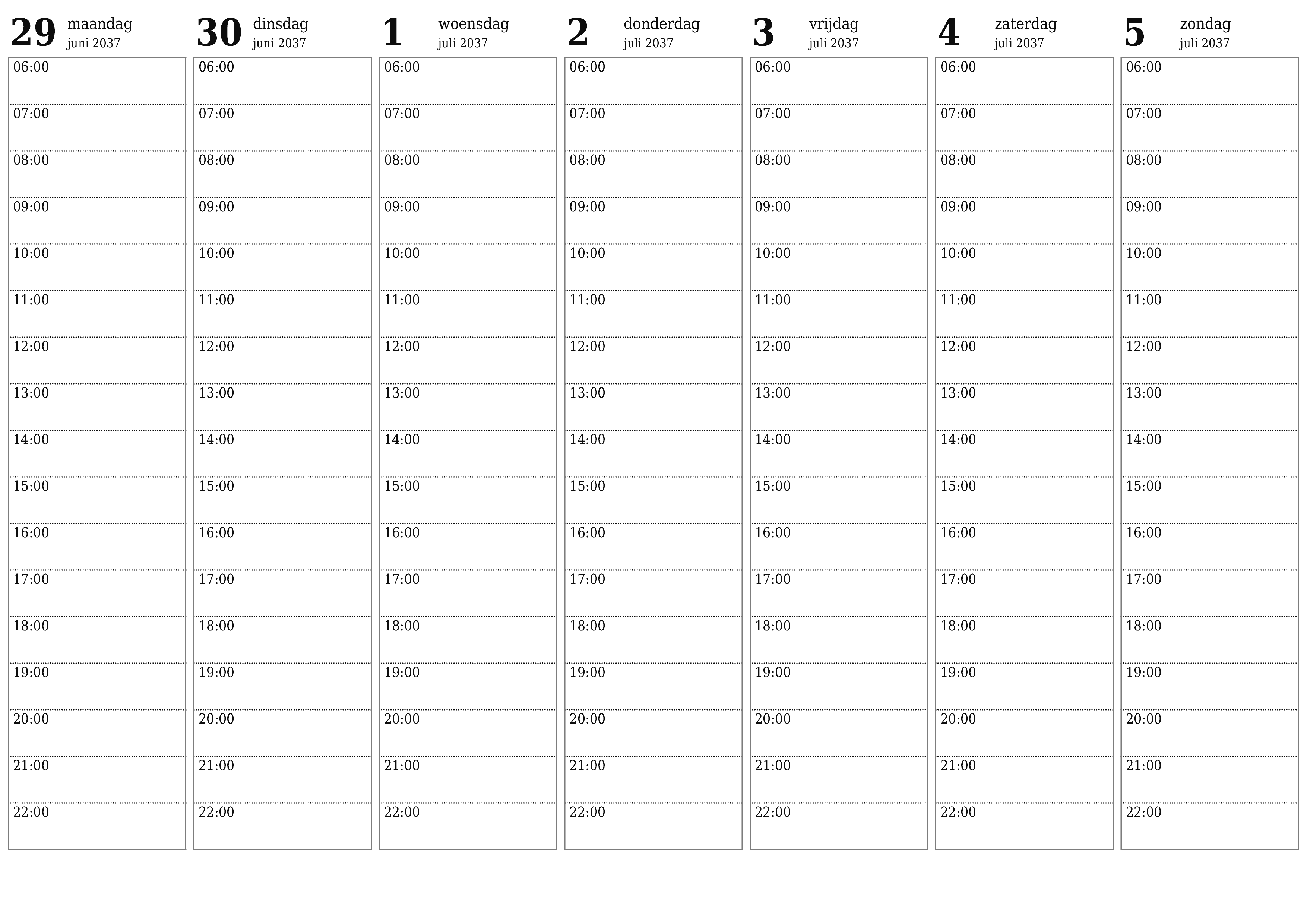 Lege weekplanner voor weken juli 2037 met notities, opslaan en afdrukken naar pdf PNG Dutch