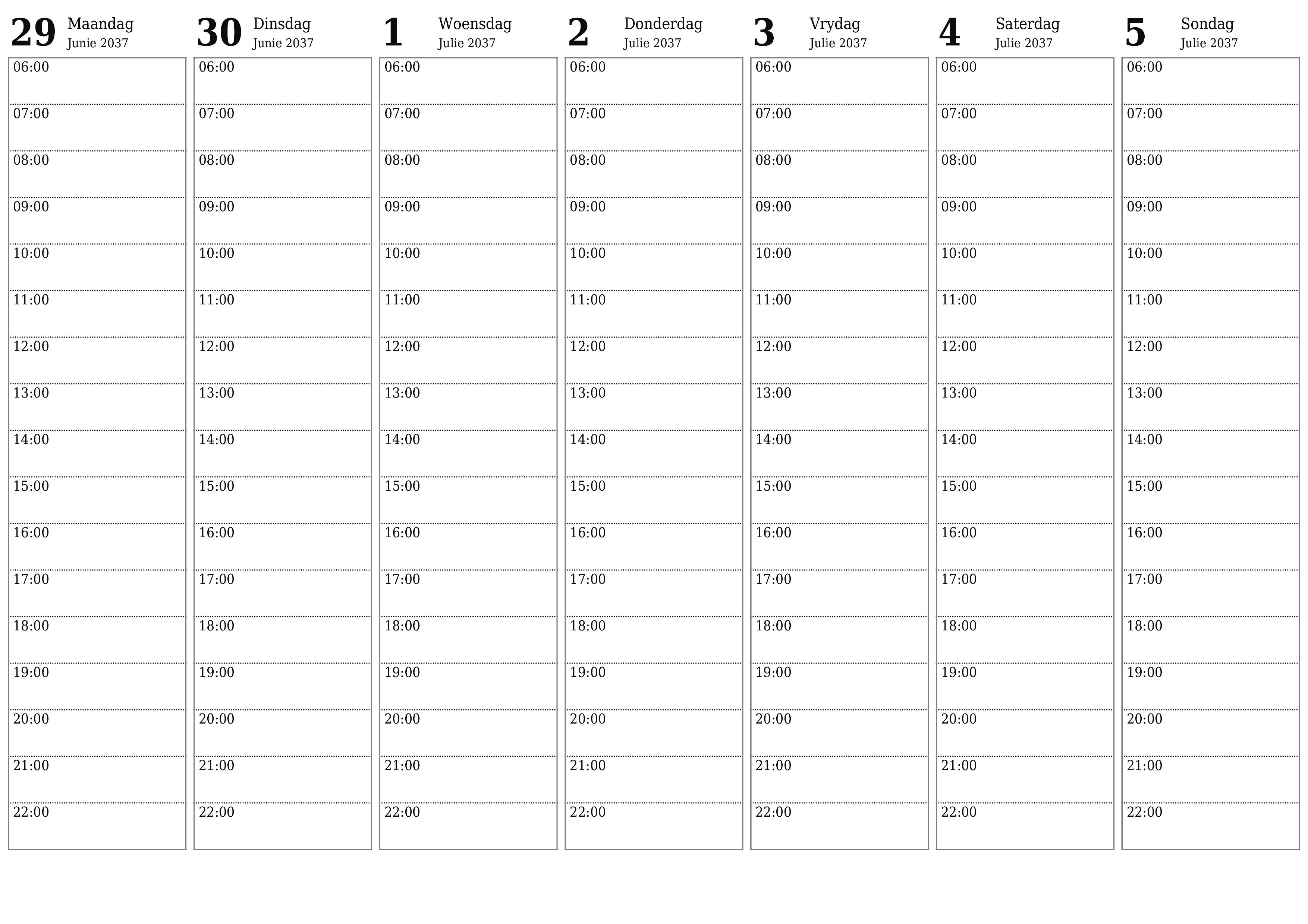 Leë weeklikse drukbare kalender en beplanner vir week Julie 2037 met notas, stoor en druk na PDF PNG Afrikaans