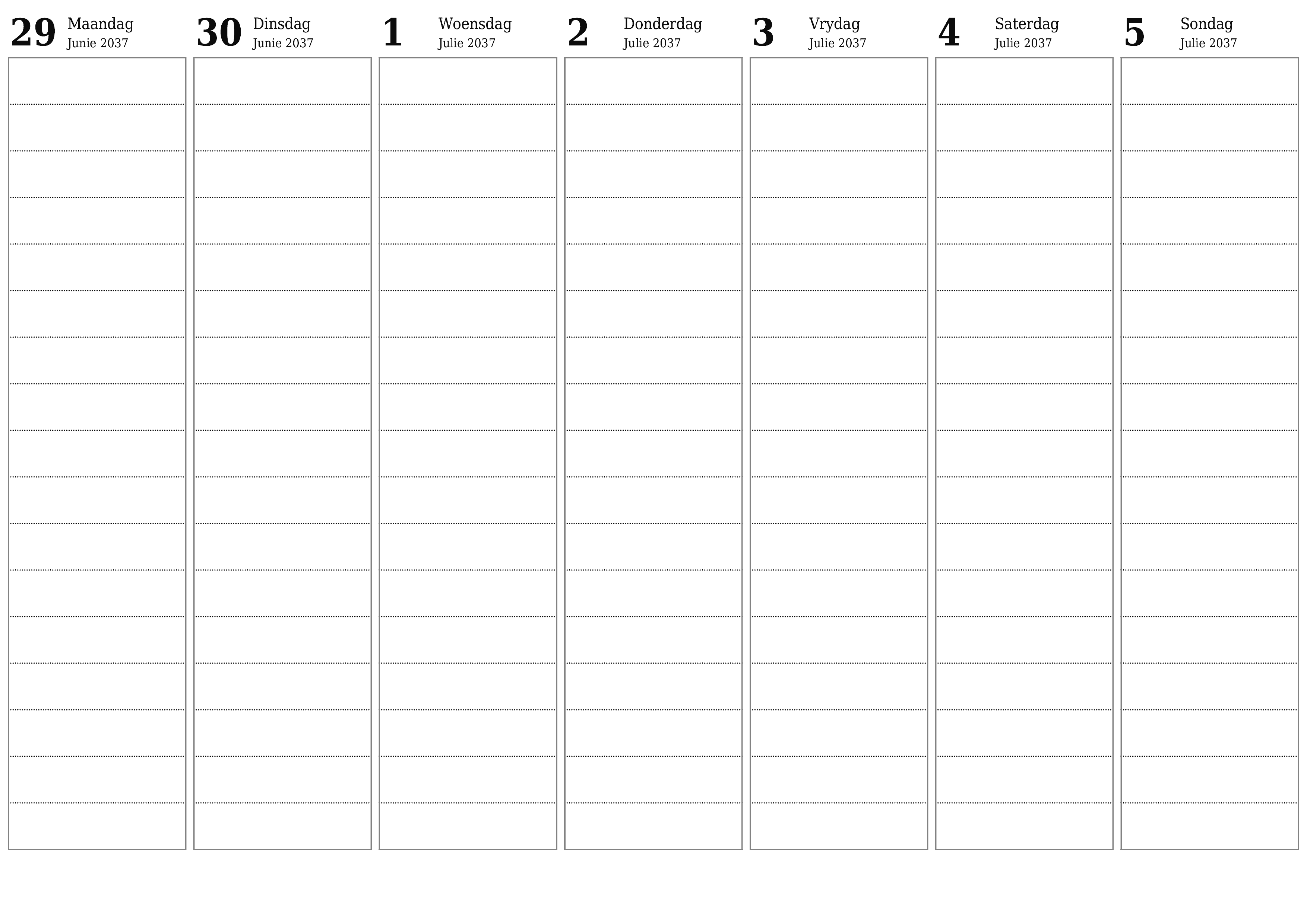 Leë weeklikse drukbare kalender en beplanner vir week Julie 2037 met notas, stoor en druk na PDF PNG Afrikaans