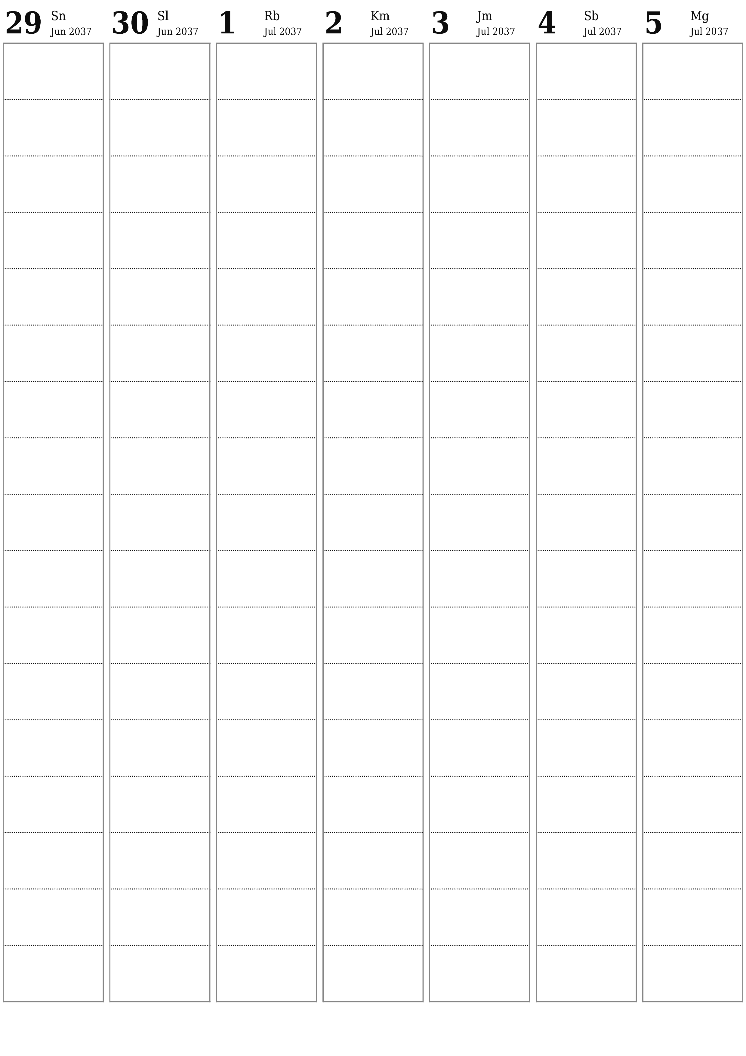  yang dapat dicetak dinding templat gratisvertikal Mingguan perencana kalender Juli (Jul) 2037