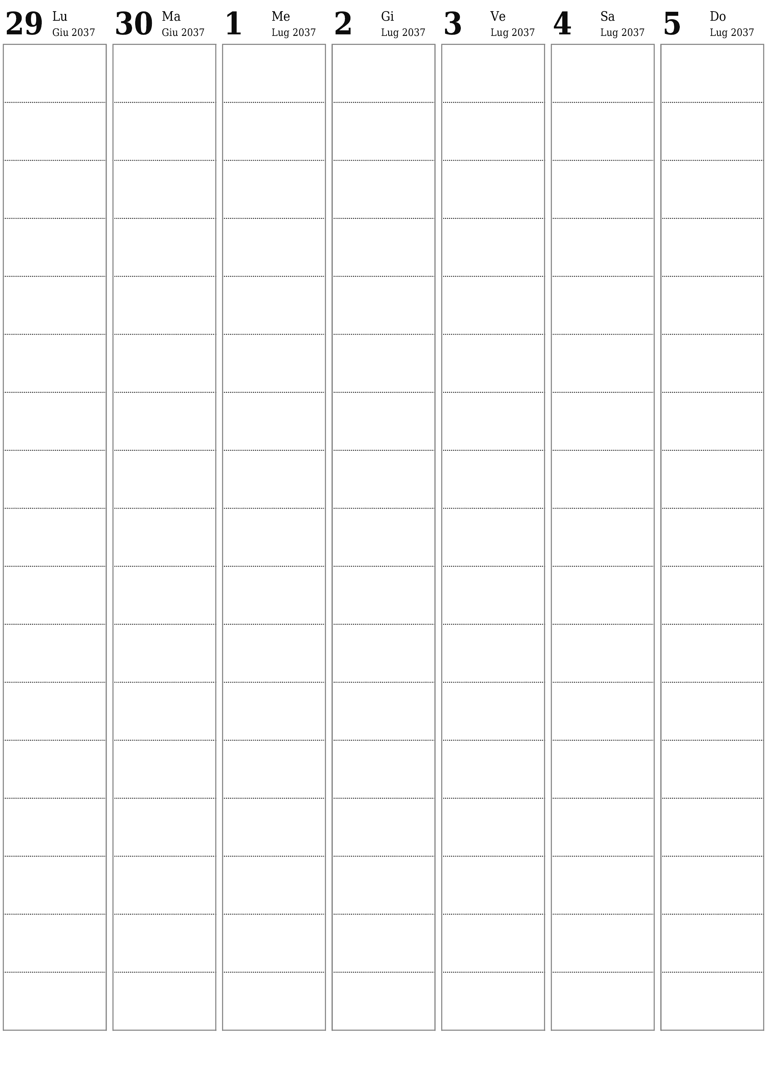  stampabile da parete modello di gratuitoverticale Settimanale pianificatore calendario Luglio (Lug) 2037