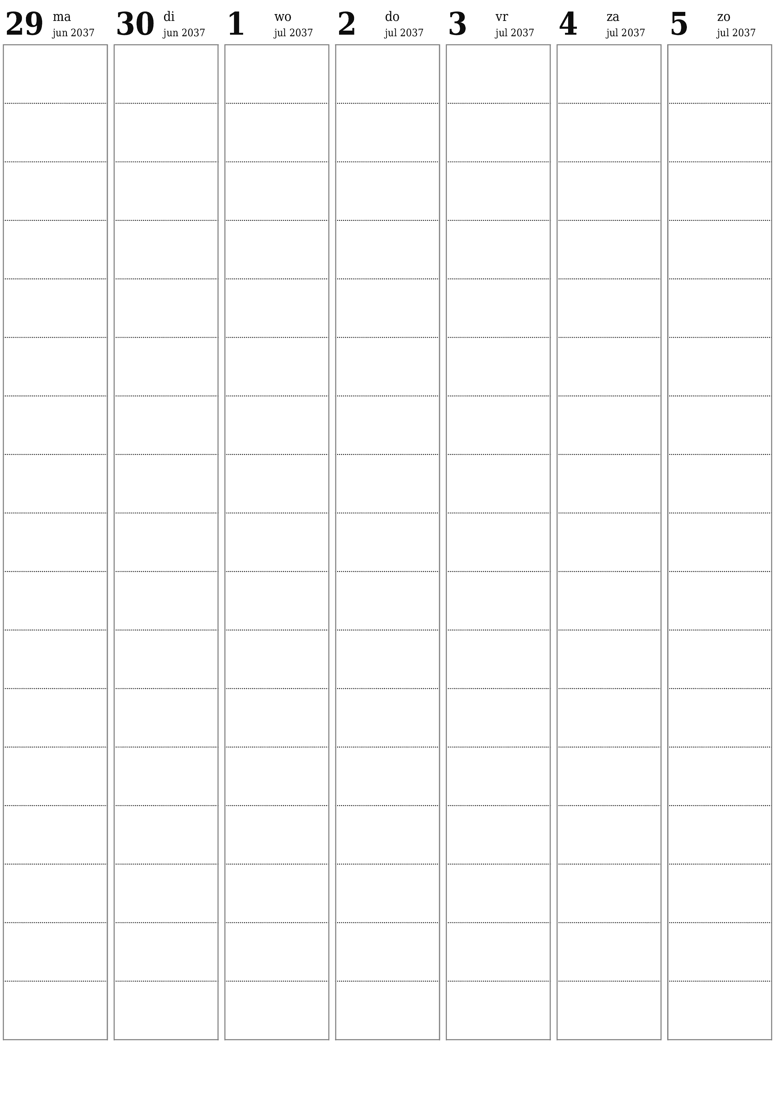 Lege weekplanner voor weken juli 2037 met notities, opslaan en afdrukken naar pdf PNG Dutch