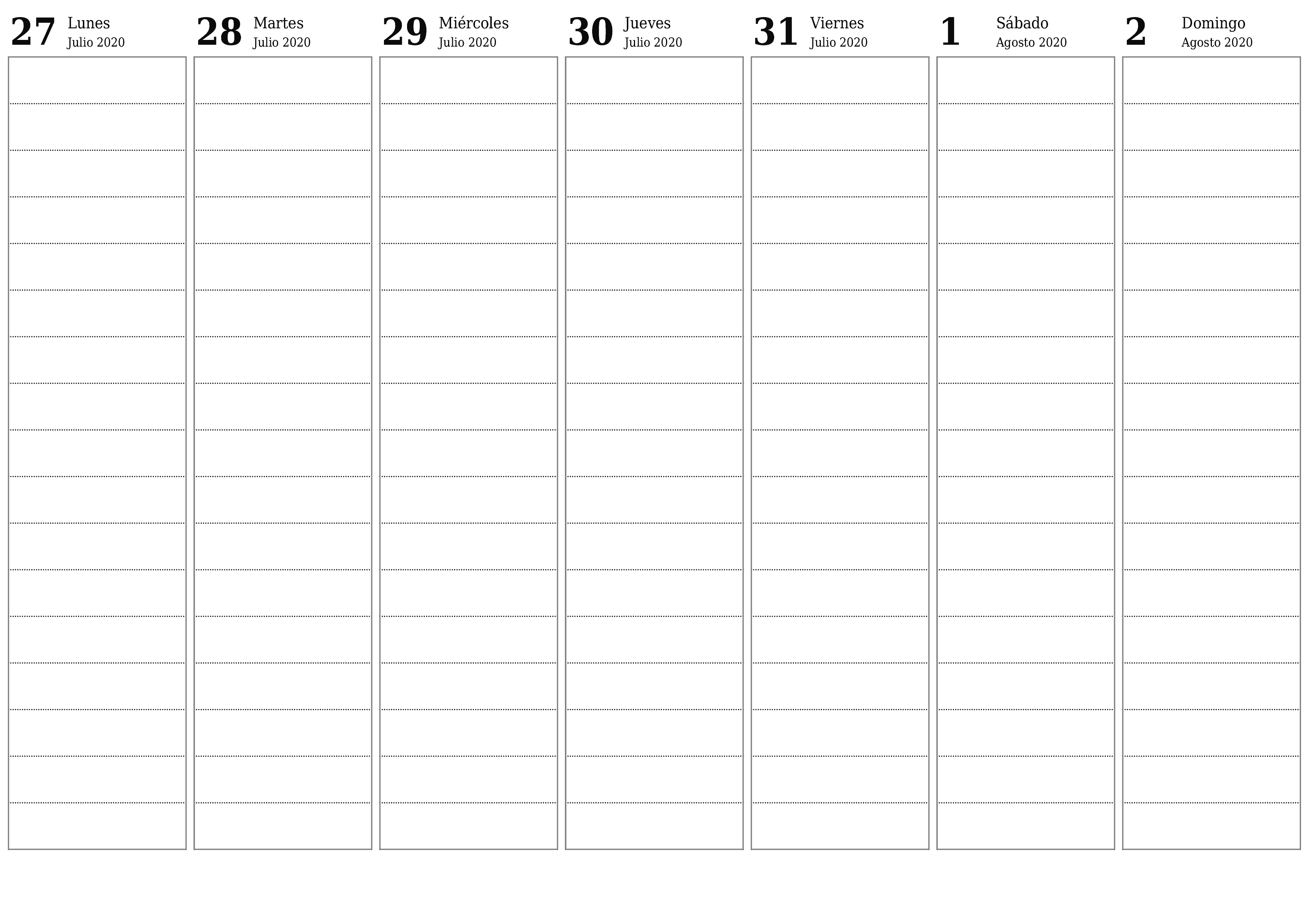 Planificador semanal vacío para semanas Agosto 2020 con notas, guardar e imprimir en PDF PNG Spanish