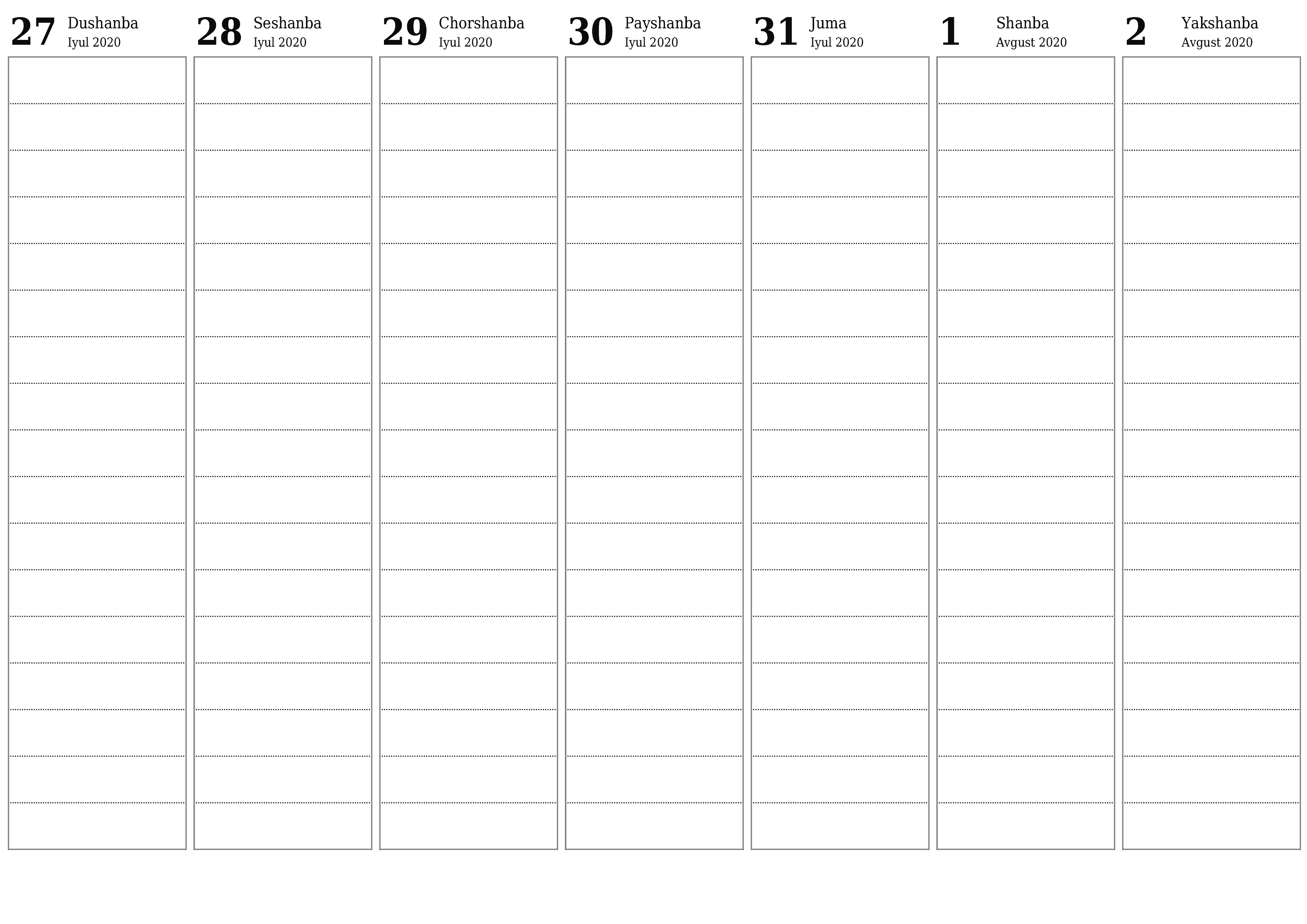 chop etiladigan devor taqvimi shabloni bepul gorizontal Haftalik rejalashtiruvchi kalendar Avgust (Avg) 2020