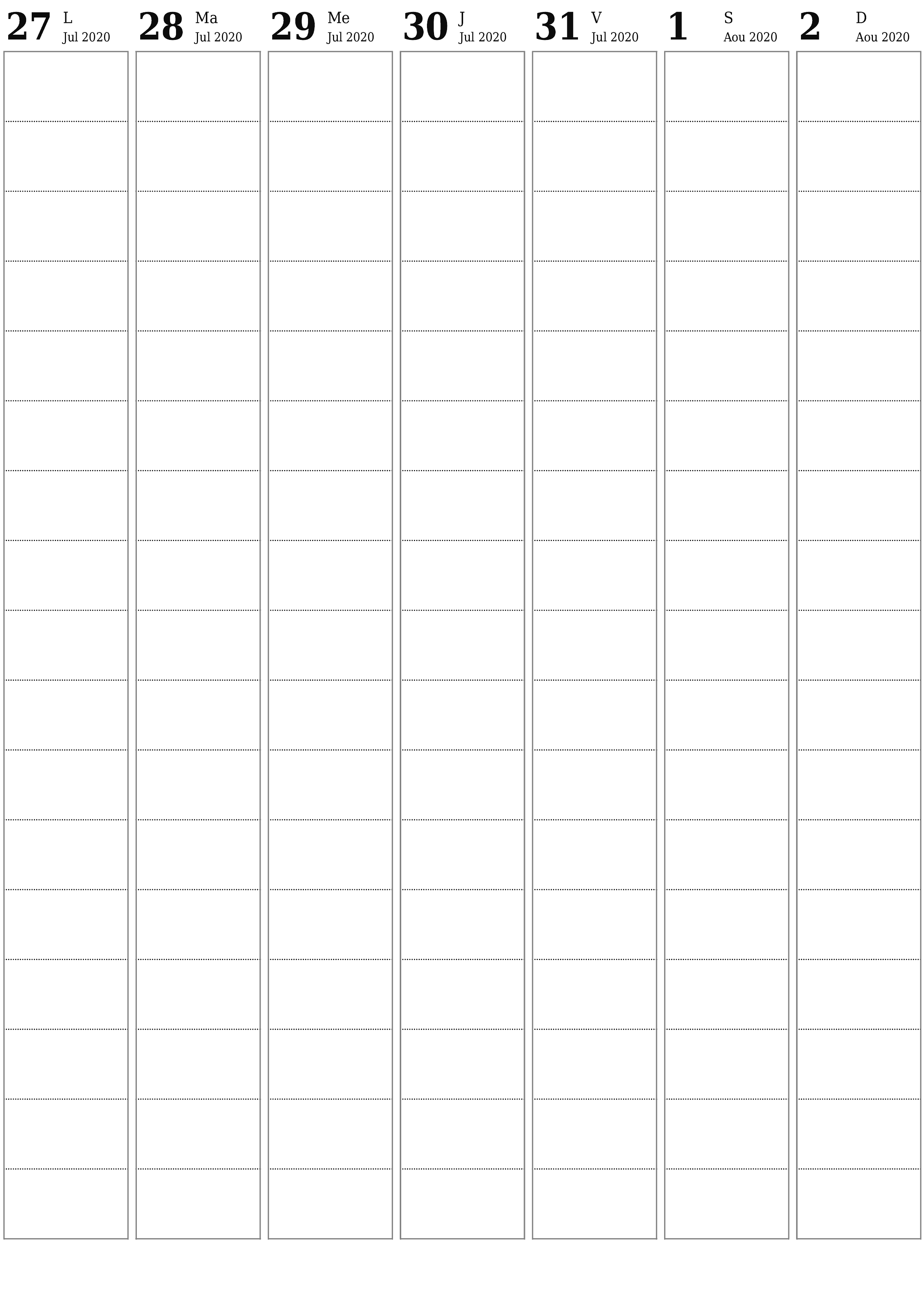 Agenda hebdomadaire vide pendant des semaines Août 2020 avec notes, enregistrez et imprimez au format PDF PNG French