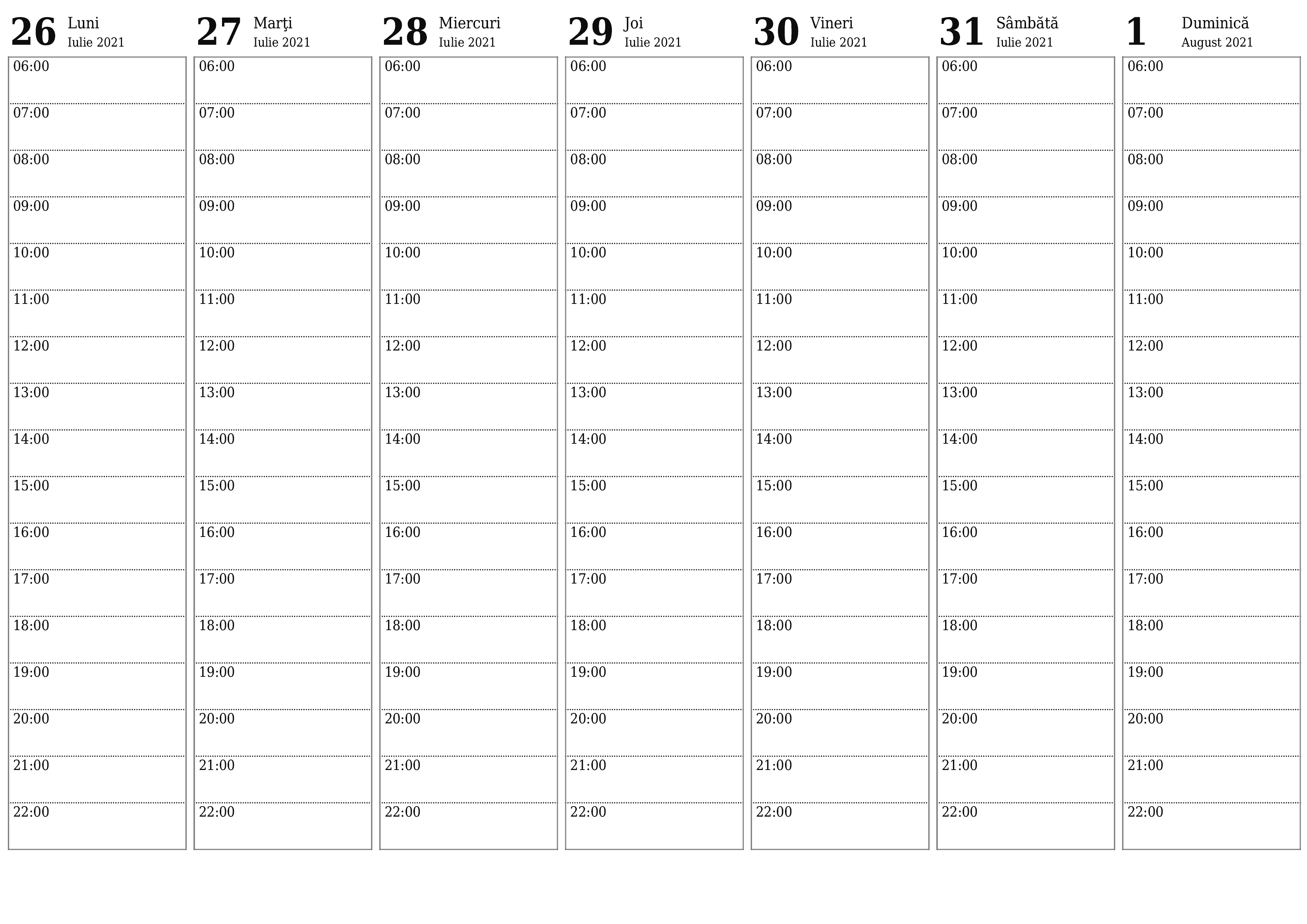 Planificator săptămânal gol pentru săptămâni August 2021 cu note, salvați și tipăriți în PDF PNG Romanian - 7calendar.com