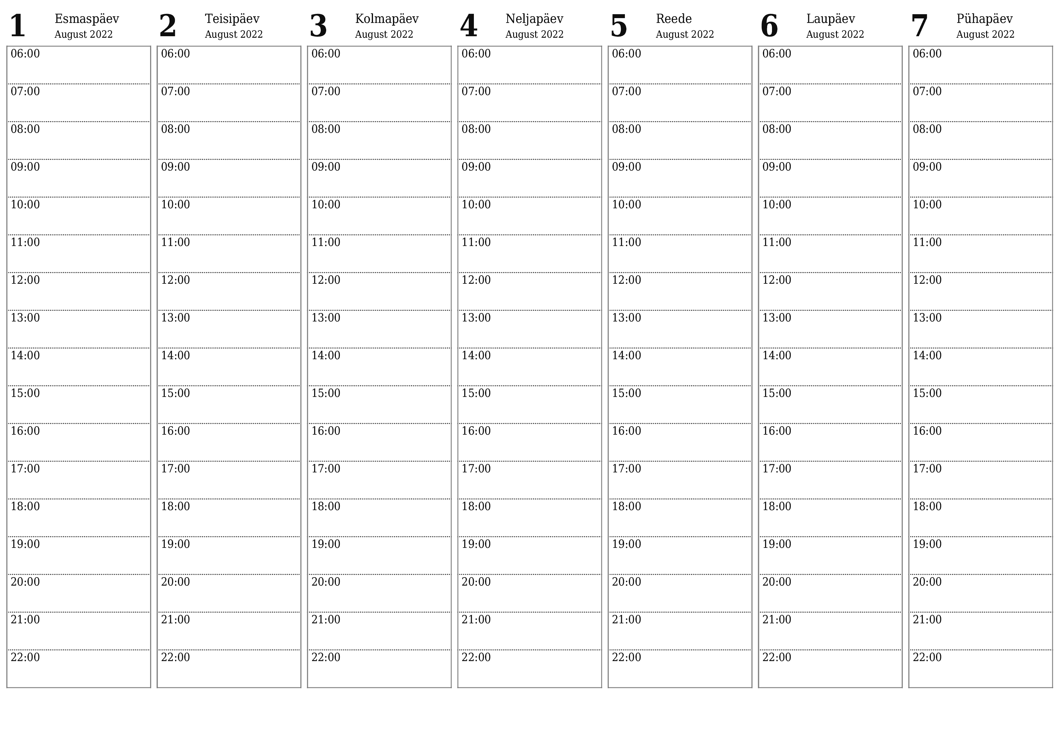 Tühi nädalakalender nädala August 2022 salvestamiseks ja printimiseks PDF-i PNG Estonian - 7calendar.com