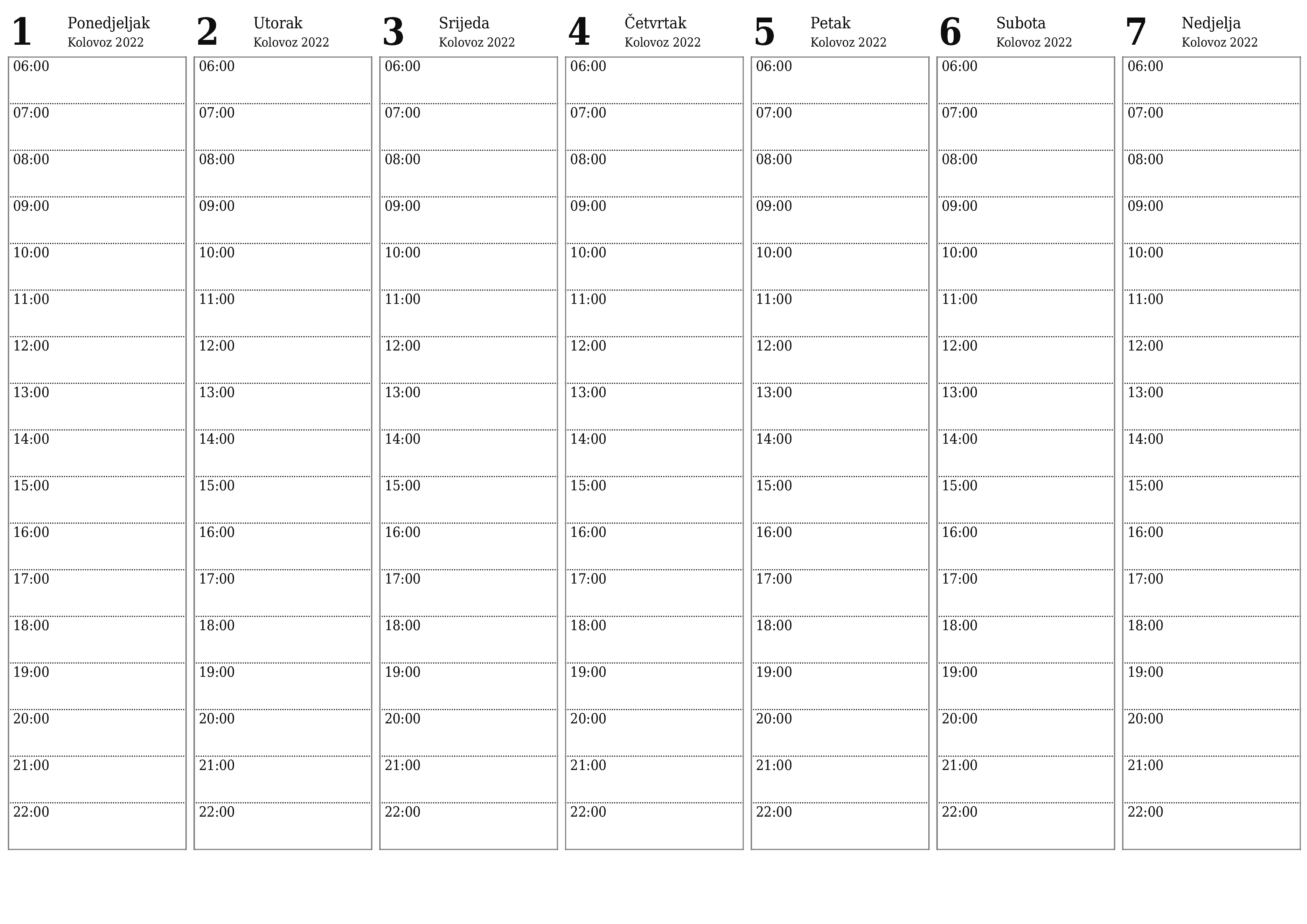  za ispis zidni predložak a besplatni horizontalno Tjedni planer kalendar Kolovoz (Kol) 2022