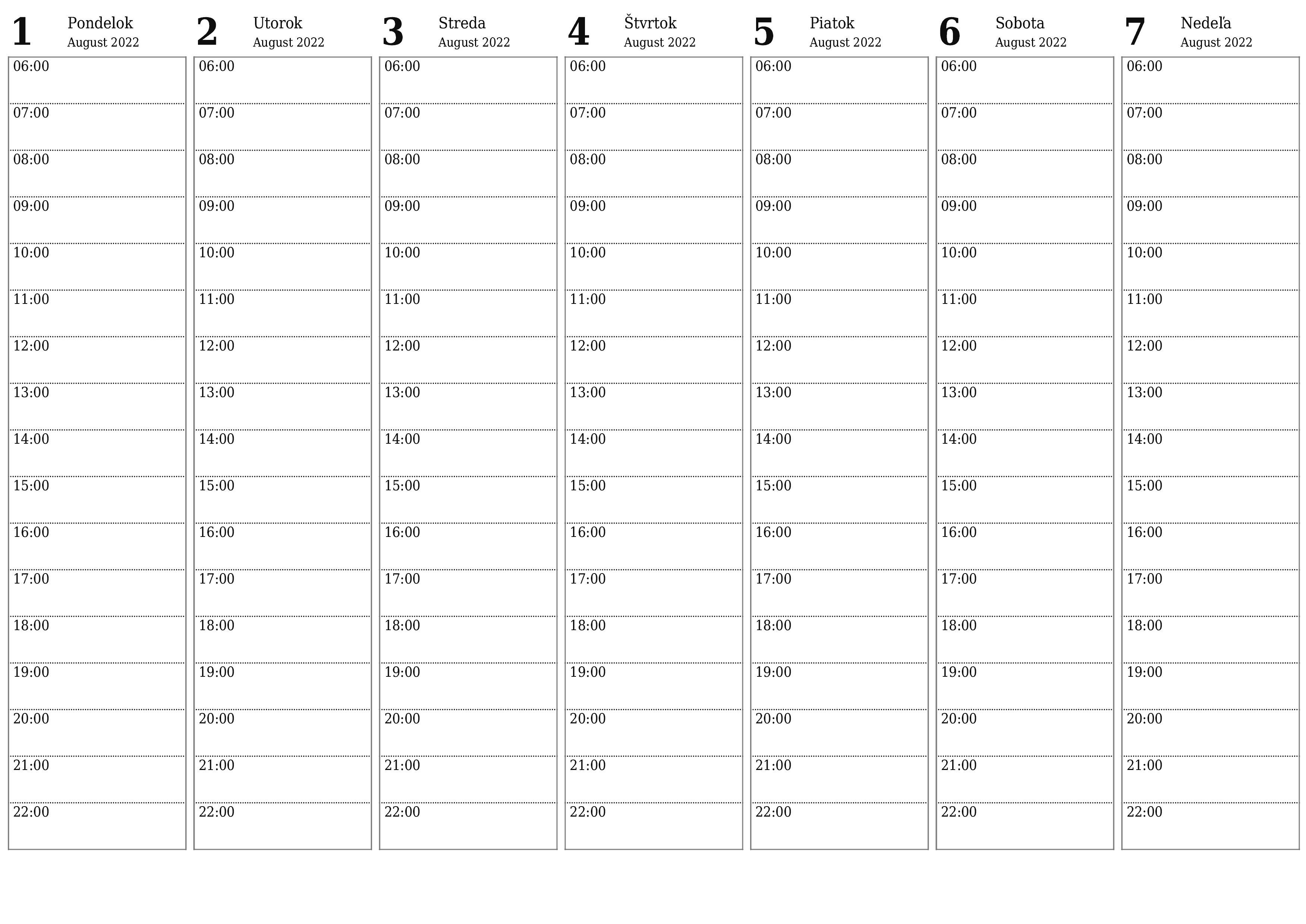 Prázdny týždenný kalendár na týždeň August 2022 ukladať a tlačiť do PDF PNG Slovak - 7calendar.com