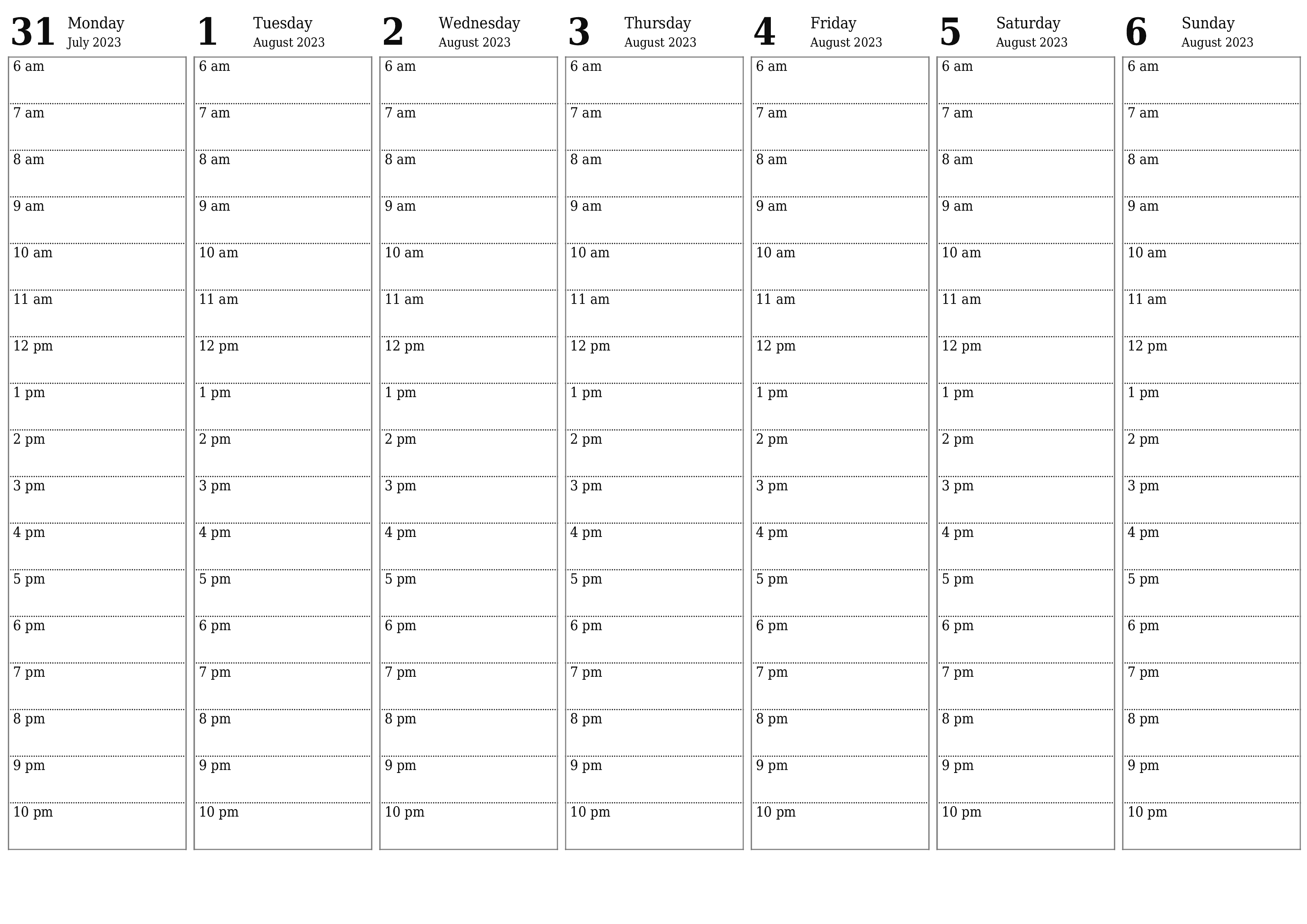 Blank weekly printable calendar and planner for week August 2023 with notes, save and print to PDF PNG English