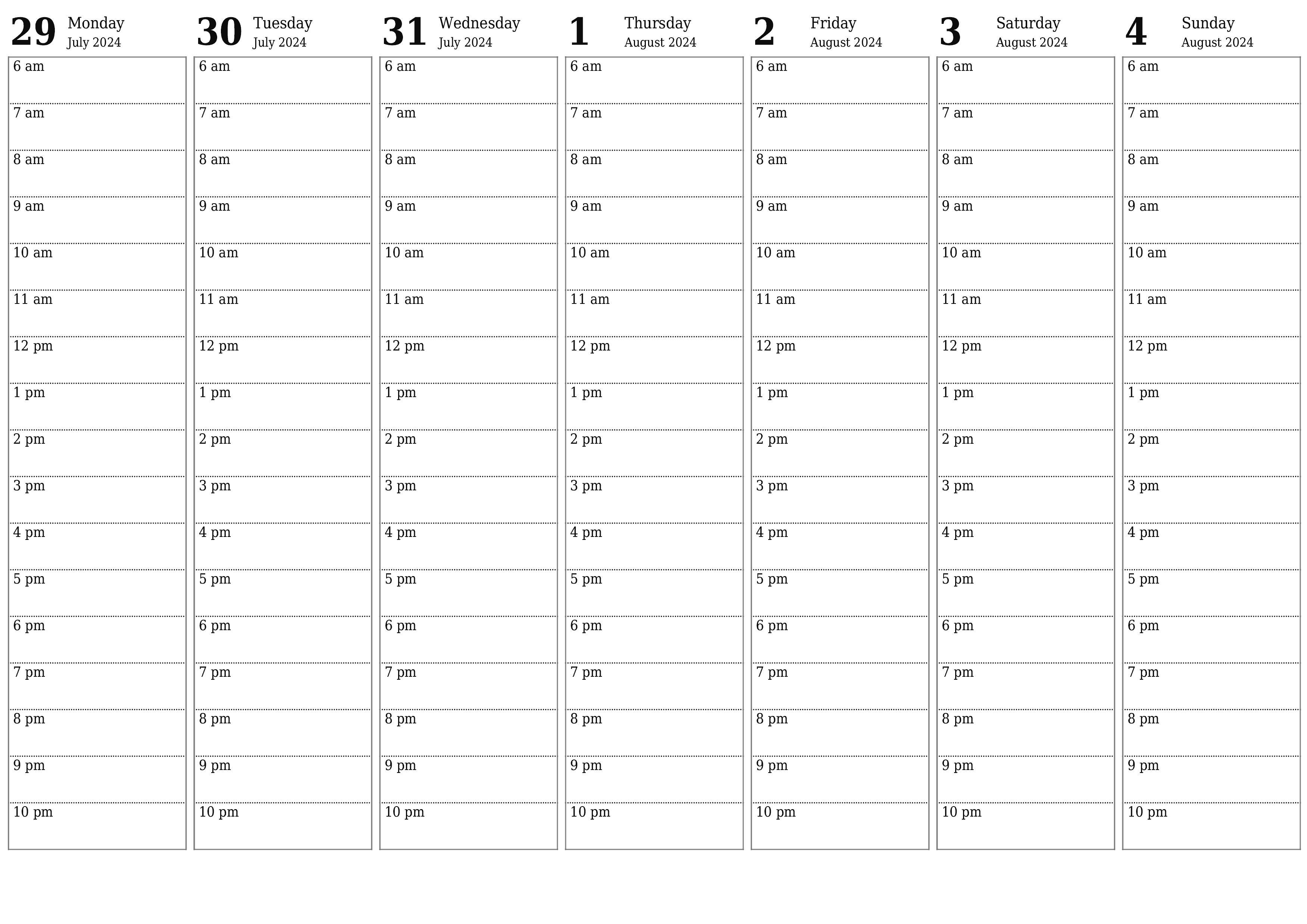 Blank weekly printable calendar and planner for week August 2024 with notes, save and print to PDF PNG English