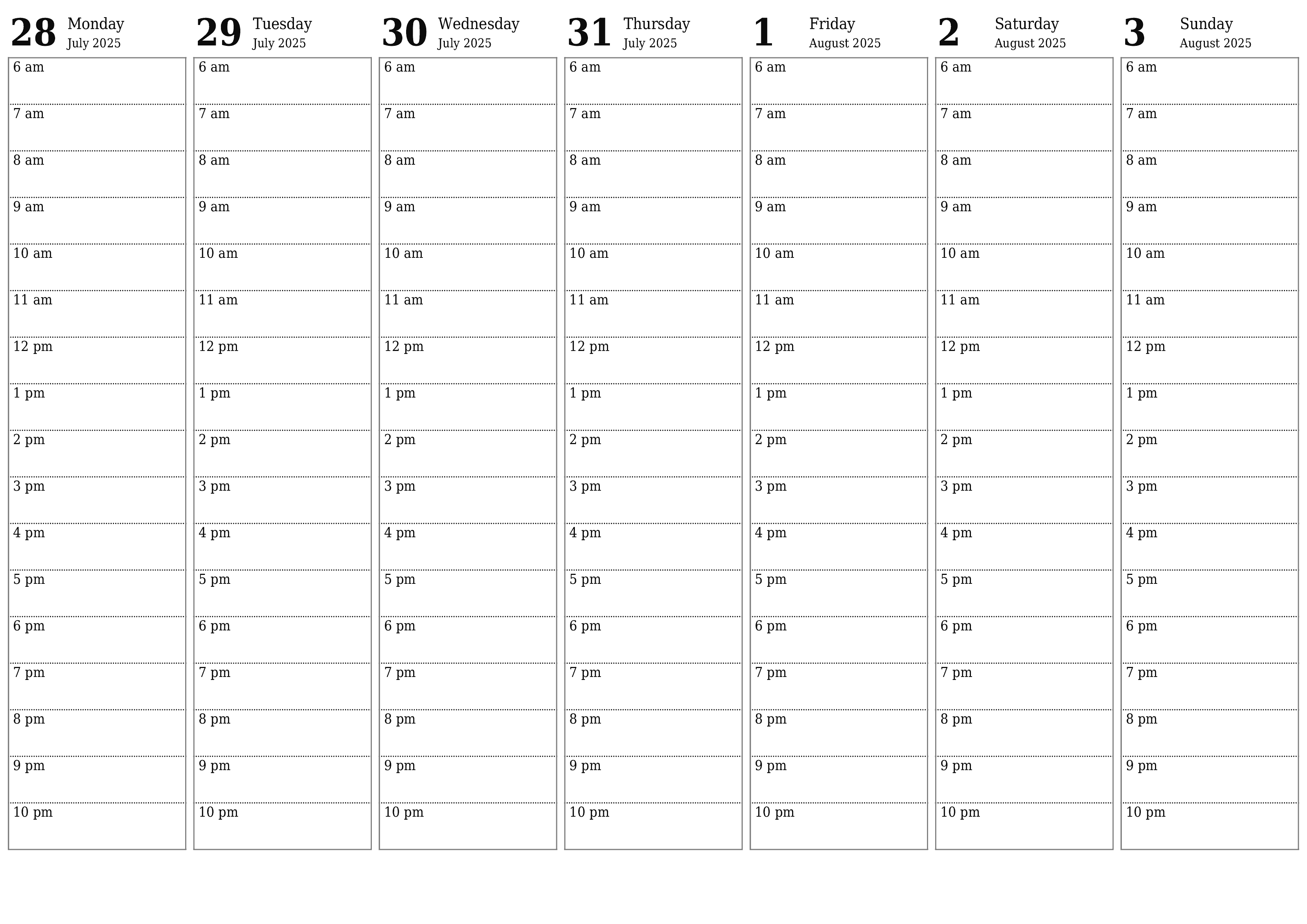 Blank weekly printable calendar and planner for week August 2025 with notes, save and print to PDF PNG English