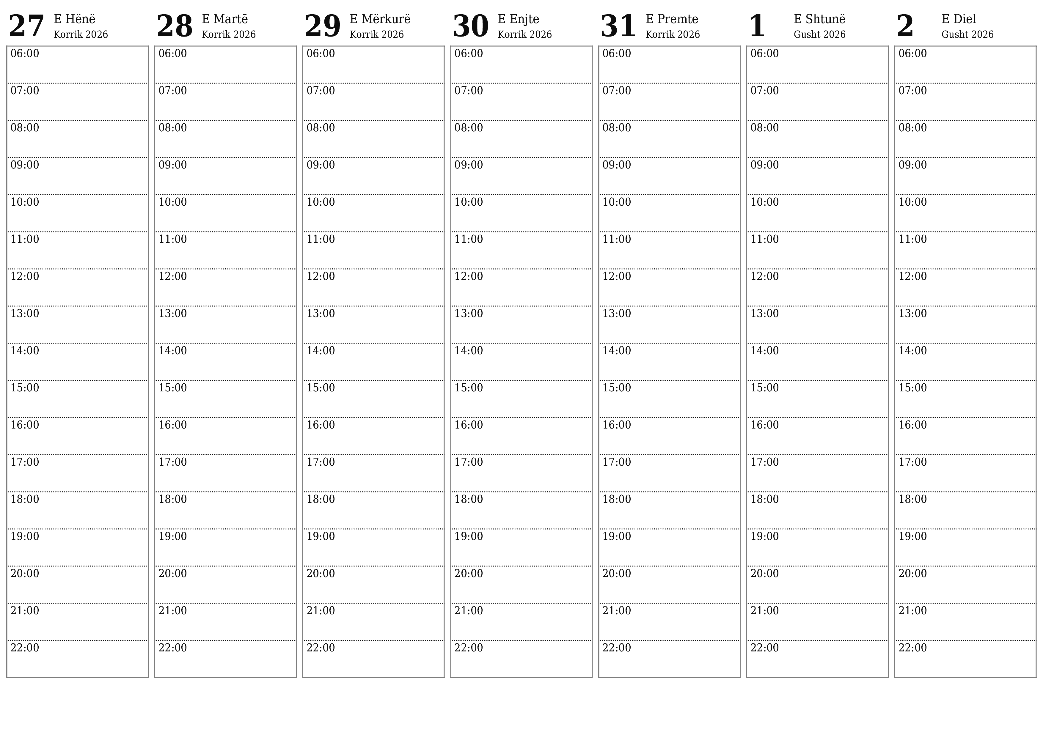 Planifikuesi bosh javor i kalendarit për javë Gusht 2026 me shënime, ruani dhe printoni në PDF PNG Albanian