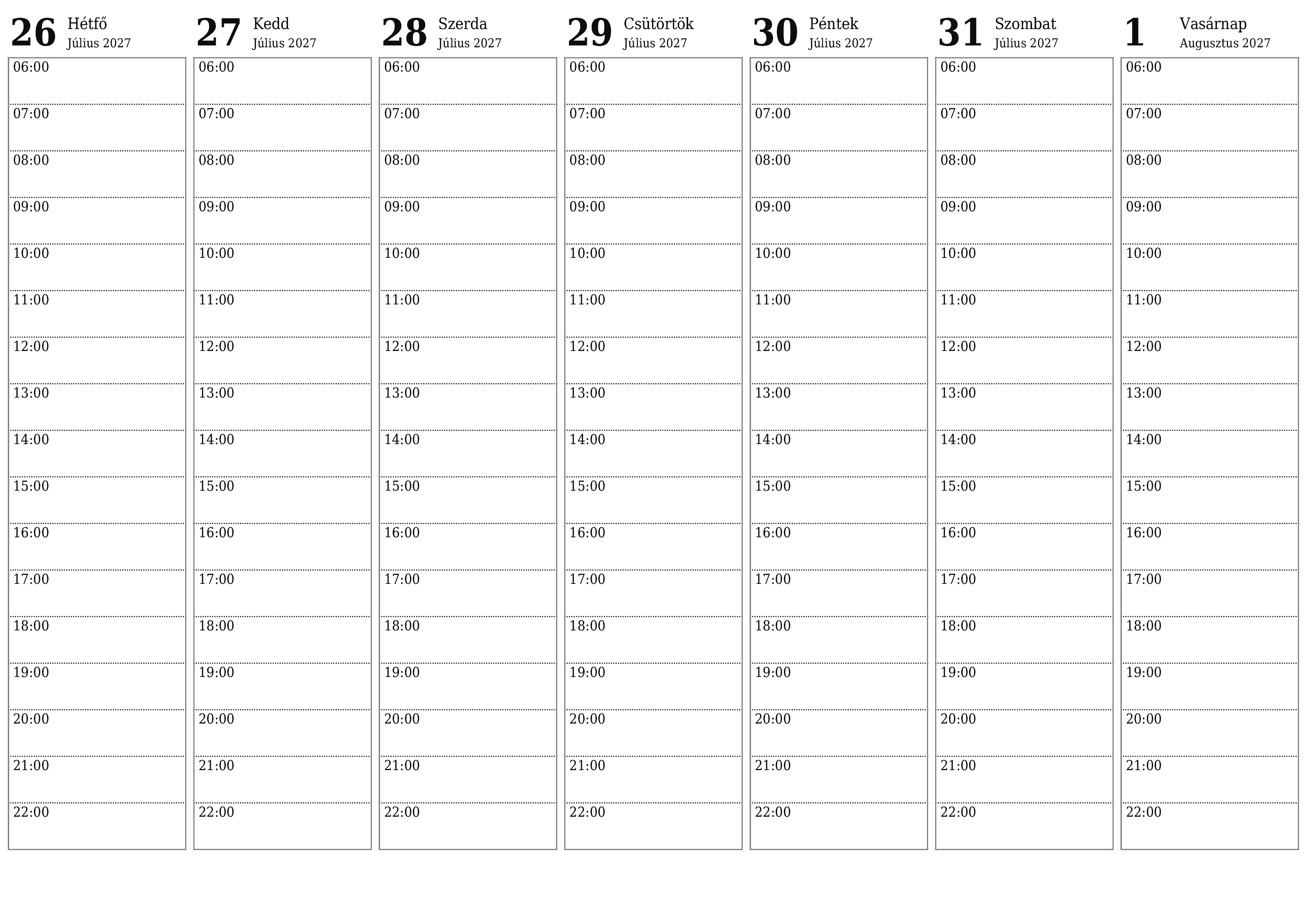 Heti tervező ürítése hetekre Augusztus 2027 jegyzetekkel, mentés és nyomtatás PDF-be PNG Hungarian