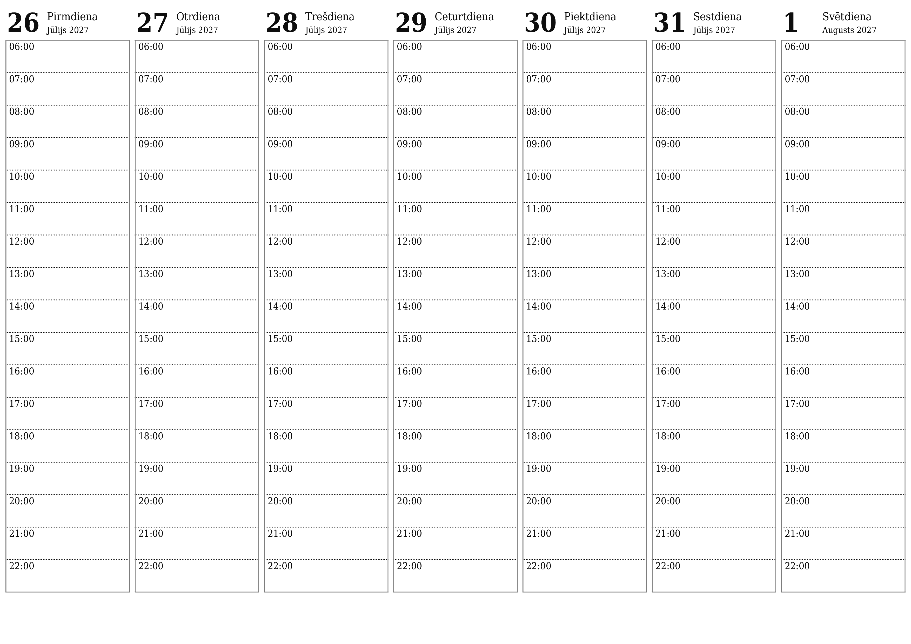 Iztukšojiet nedēļas plānotāju nedēļām Augusts 2027 ar piezīmēm, saglabājiet un izdrukājiet PDF formātā PNG Latvian