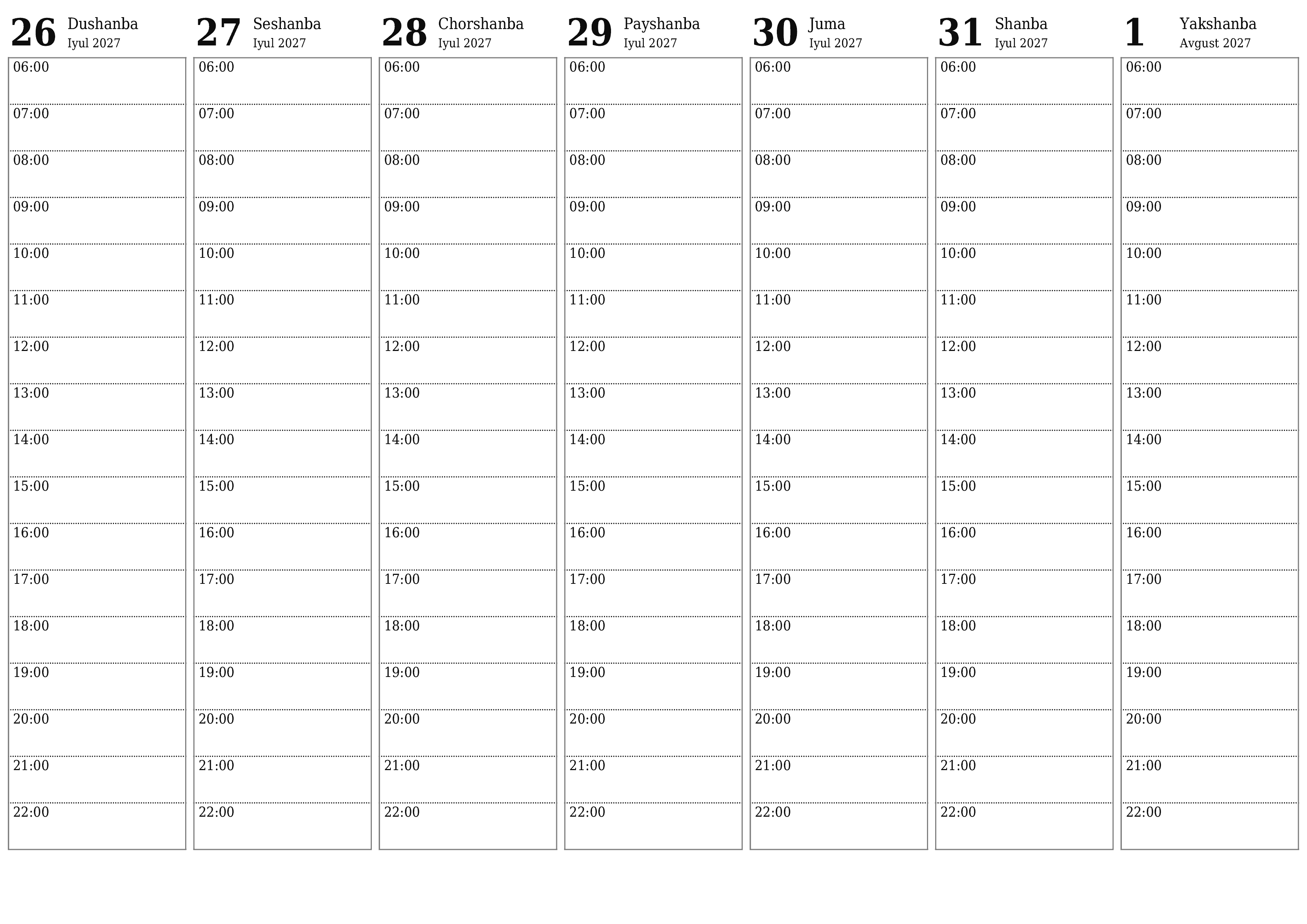 Haftalik rejalashtiruvchi Avgust 2027 haftalar uchun yozuvlar bilan bo'shatib, saqlang va PDF-ga chop eting PNG Uzbek