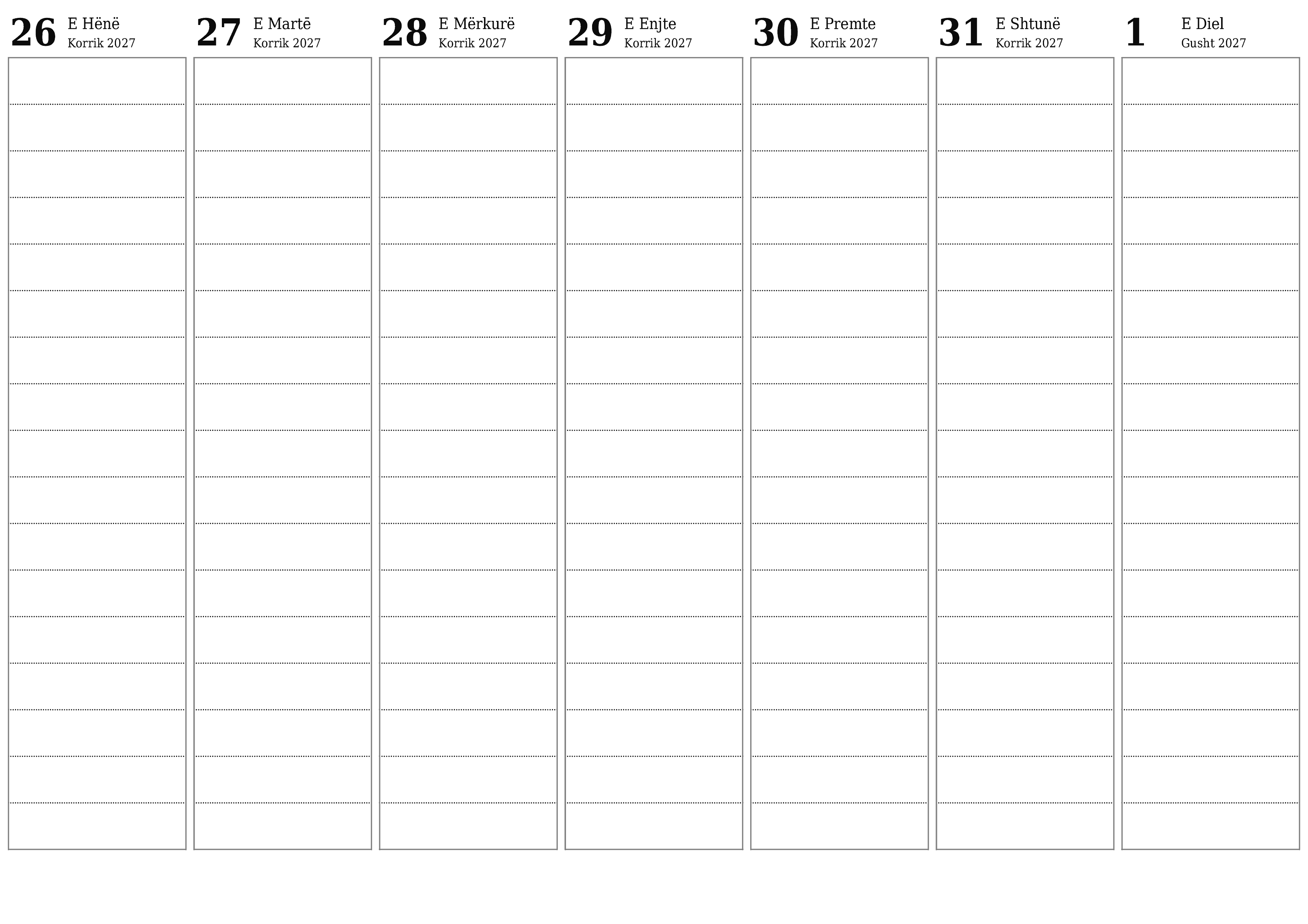 Planifikuesi bosh javor i kalendarit për javë Gusht 2027 me shënime, ruani dhe printoni në PDF PNG Albanian