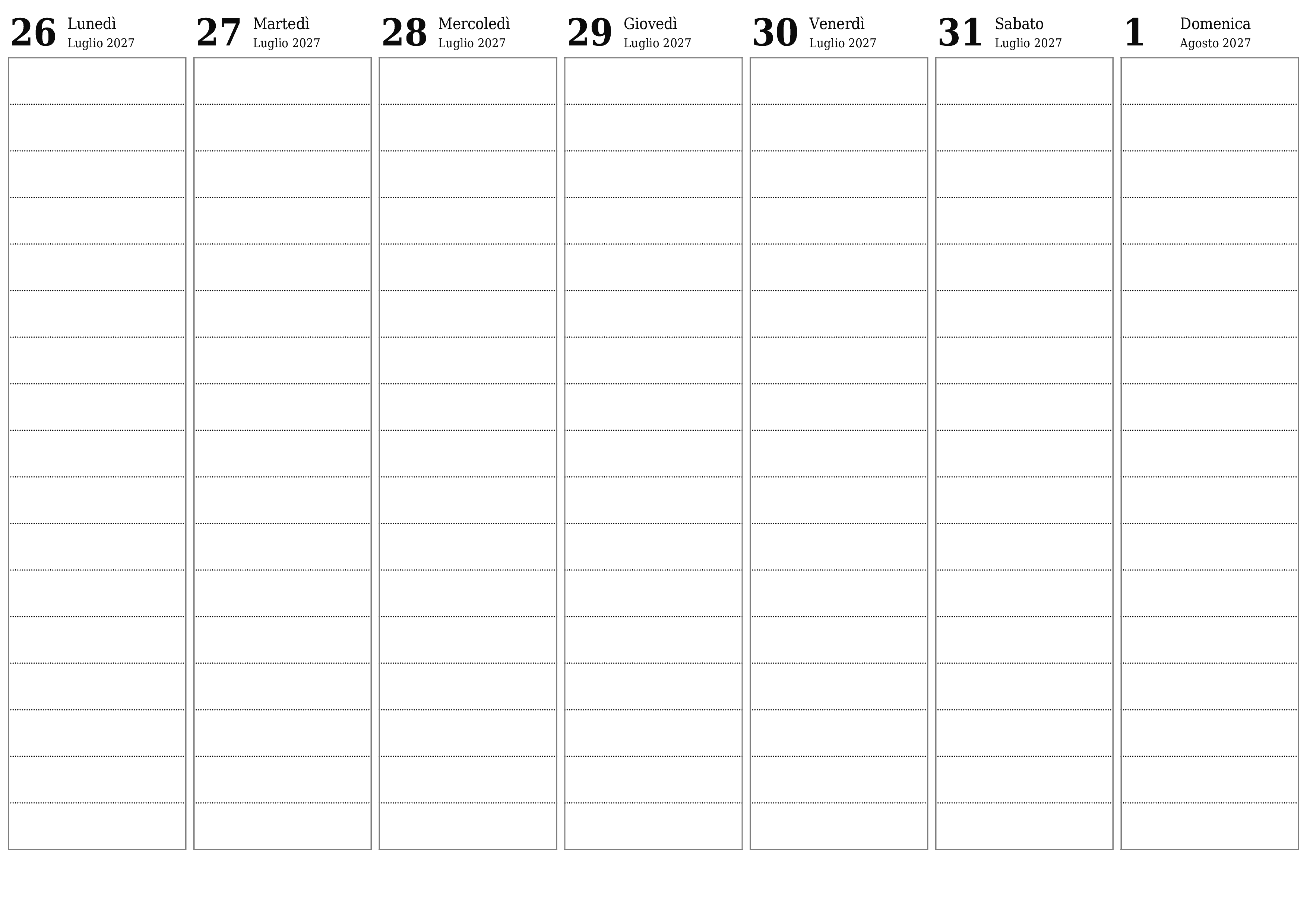 Agenda settimanale vuota per settimane Agosto 2027 con note, salva e stampa in PDF PNG Italian