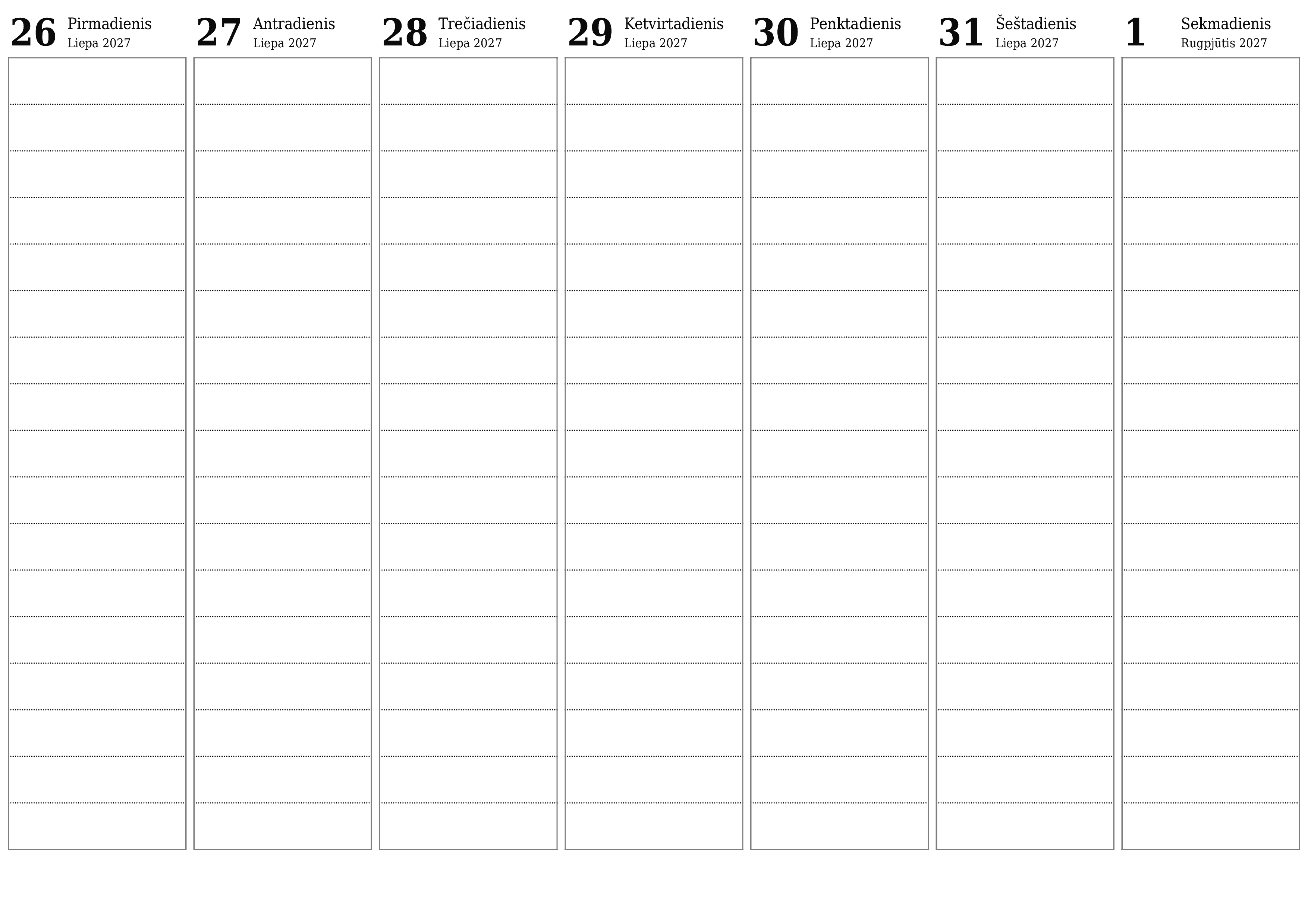 Ištuštinti savaitės planavimo priemonę savaitėms Rugpjūtis 2027 su užrašais, išsaugoti ir atsispausdinti PDF formate PNG Lithuanian