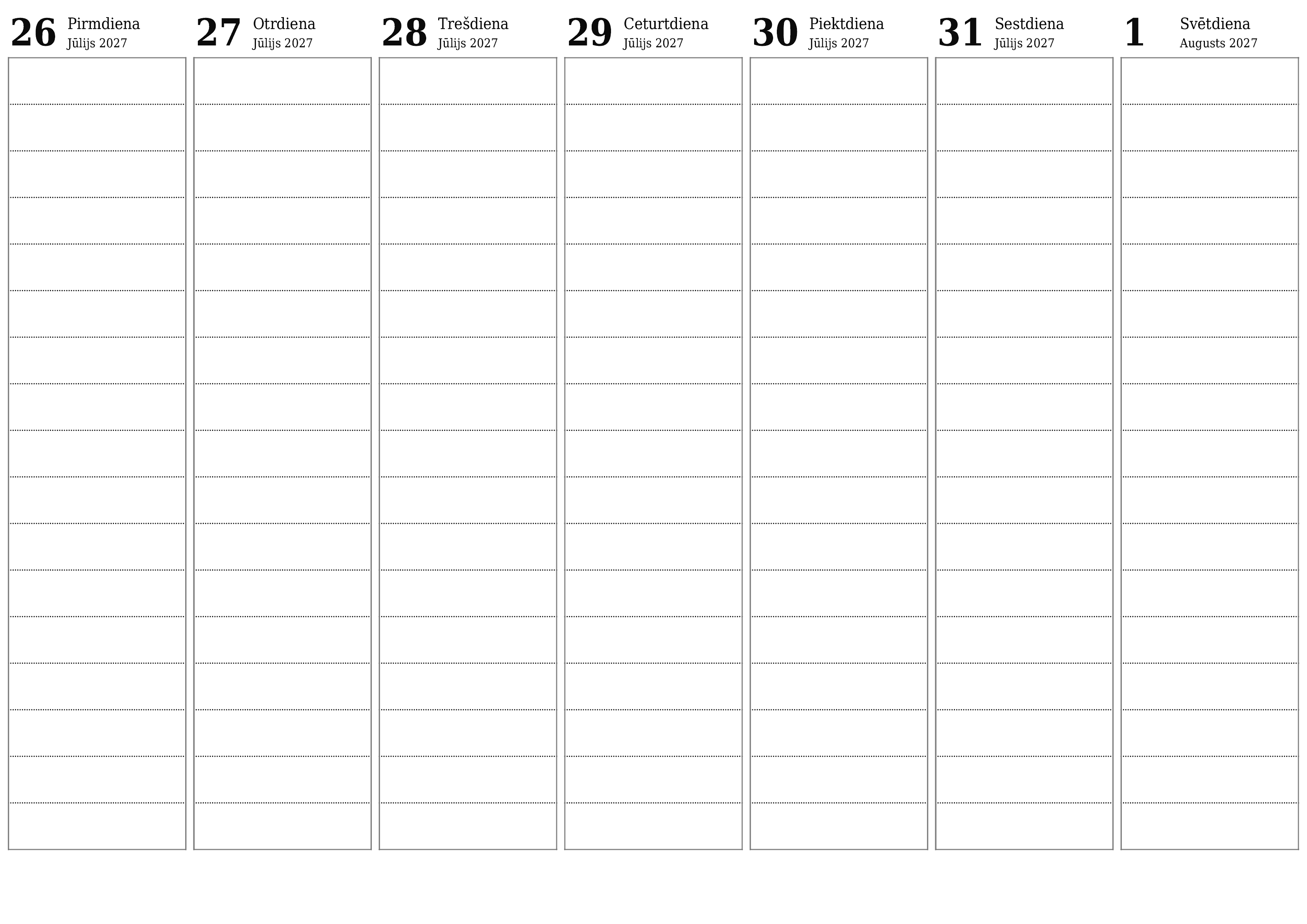 Iztukšojiet nedēļas plānotāju nedēļām Augusts 2027 ar piezīmēm, saglabājiet un izdrukājiet PDF formātā PNG Latvian