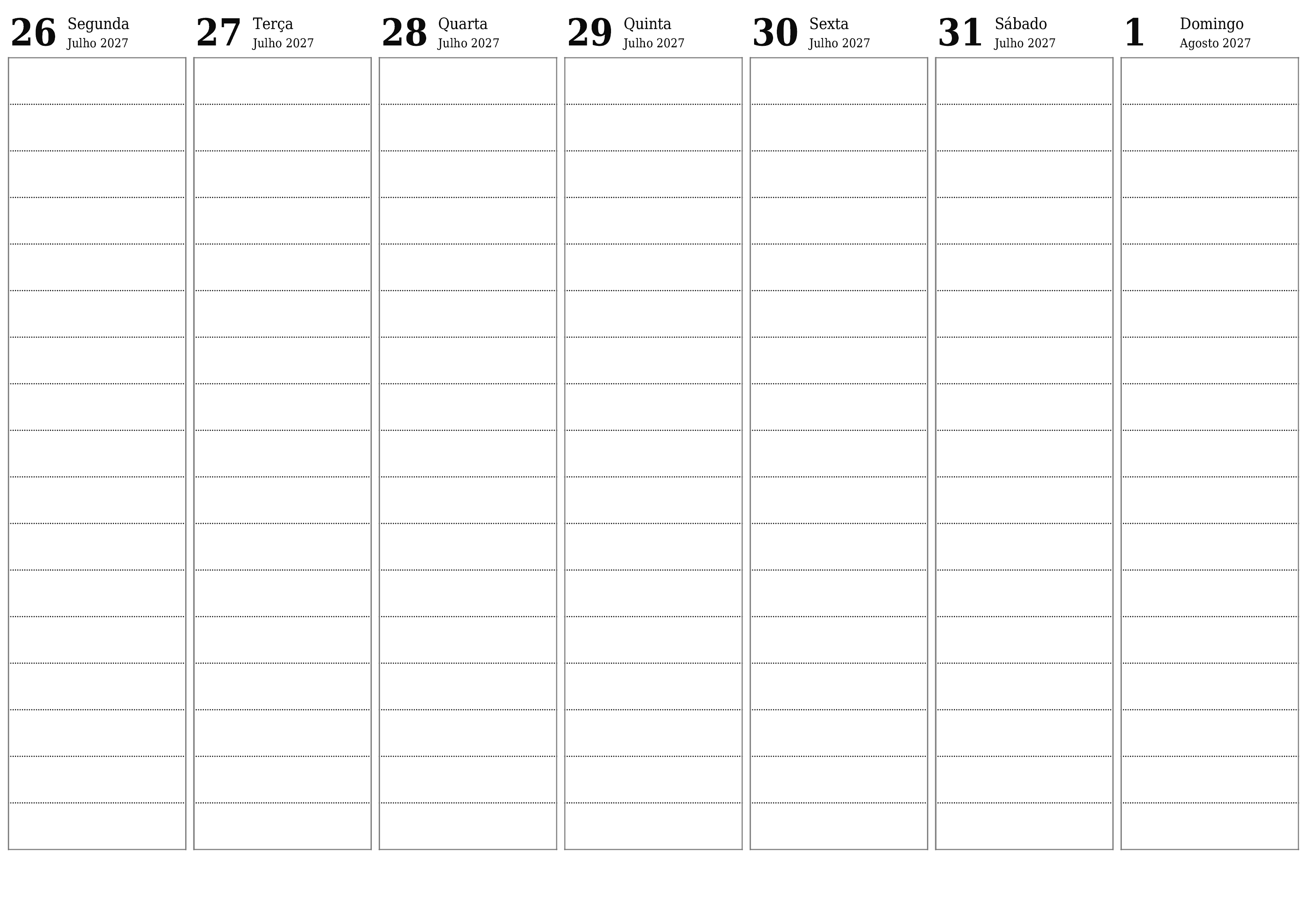 Esvazie o planejador semanal por semanas Agosto 2027 com notas, salve e imprima em PDF PNG Portuguese